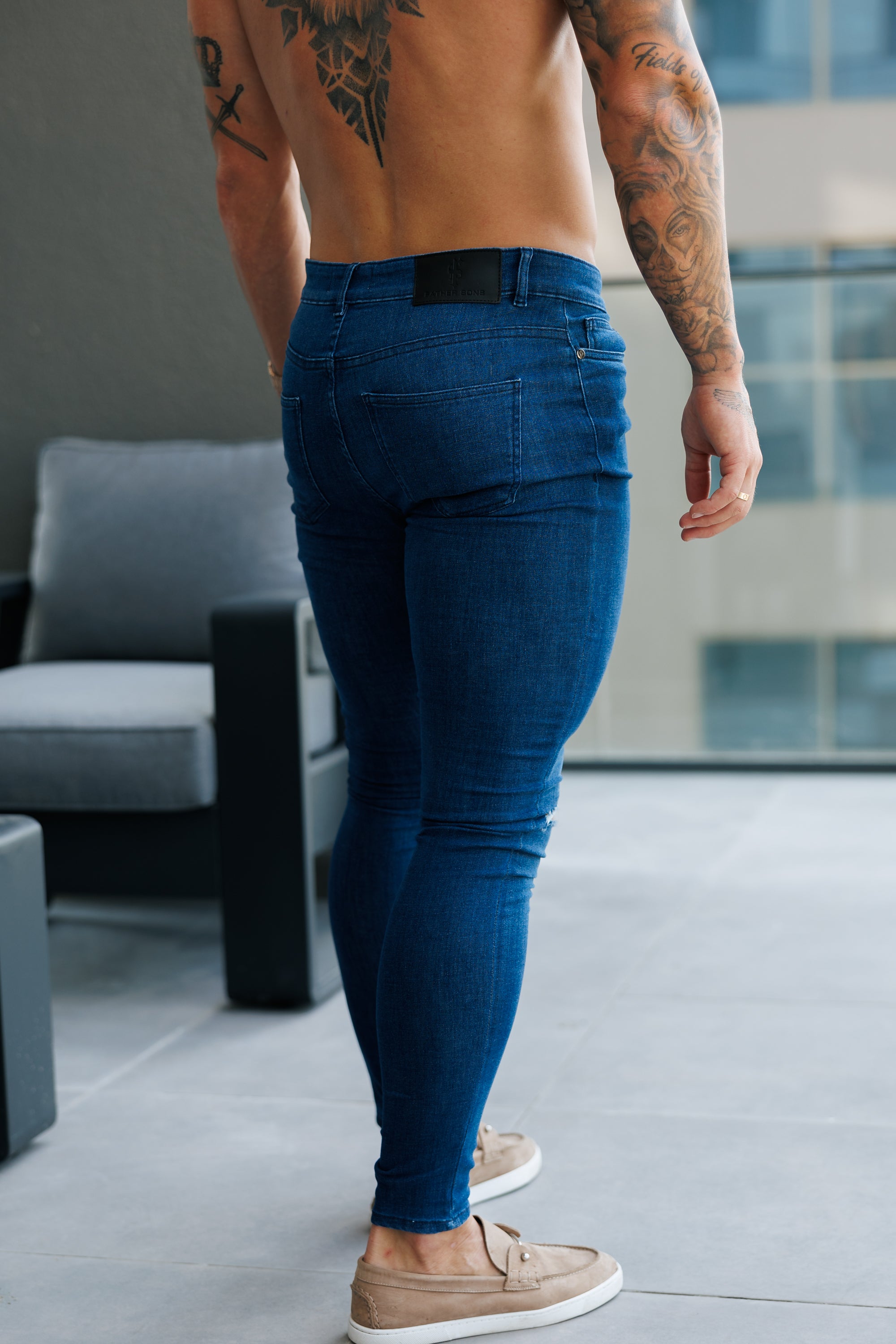 Ultra Stretch Mid Blue Slim Jeans with Knee Rips - FSJEAN011