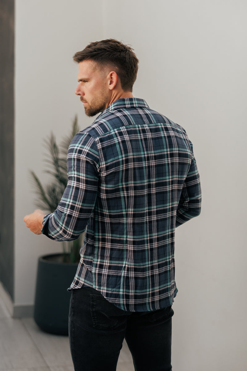 Father Sons Navy / Green / Pink Check Shacket With Double Pockets - FS1195