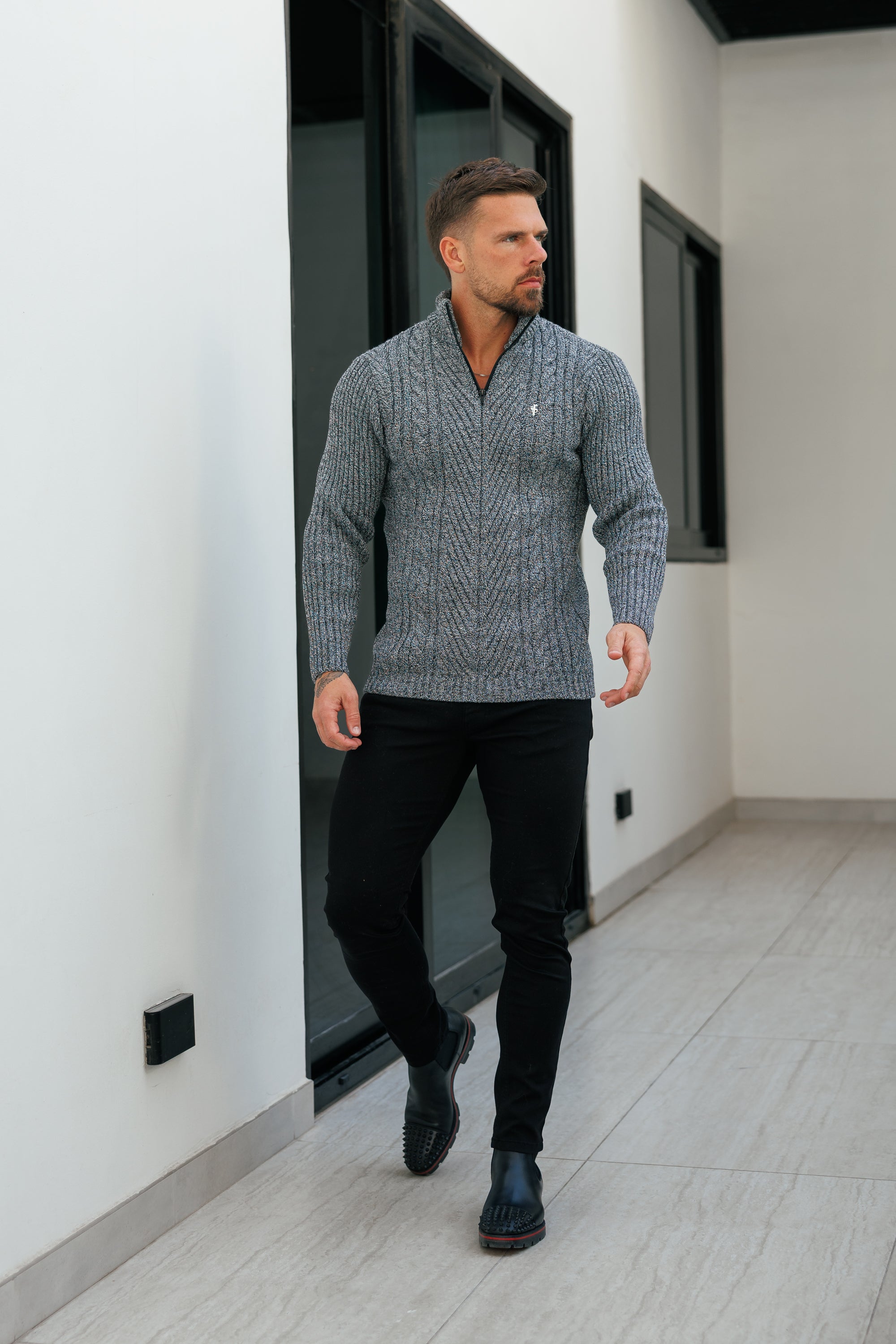 Funnel Neck Jumper with Quarter Zip Black / White Two Tone - FSJ154