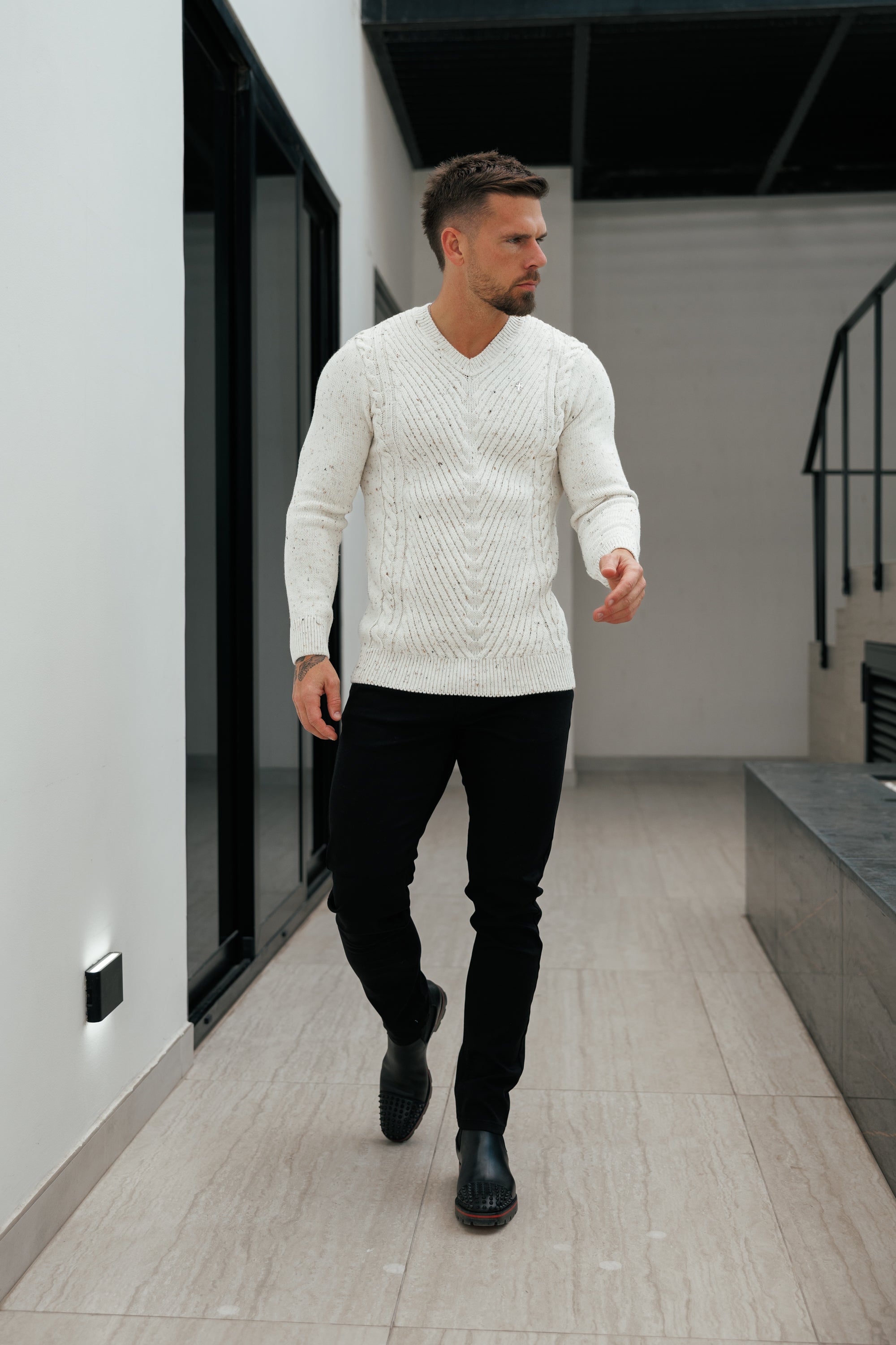 Chevron Front Beige Fleck V Neck Jumper - FSJ153