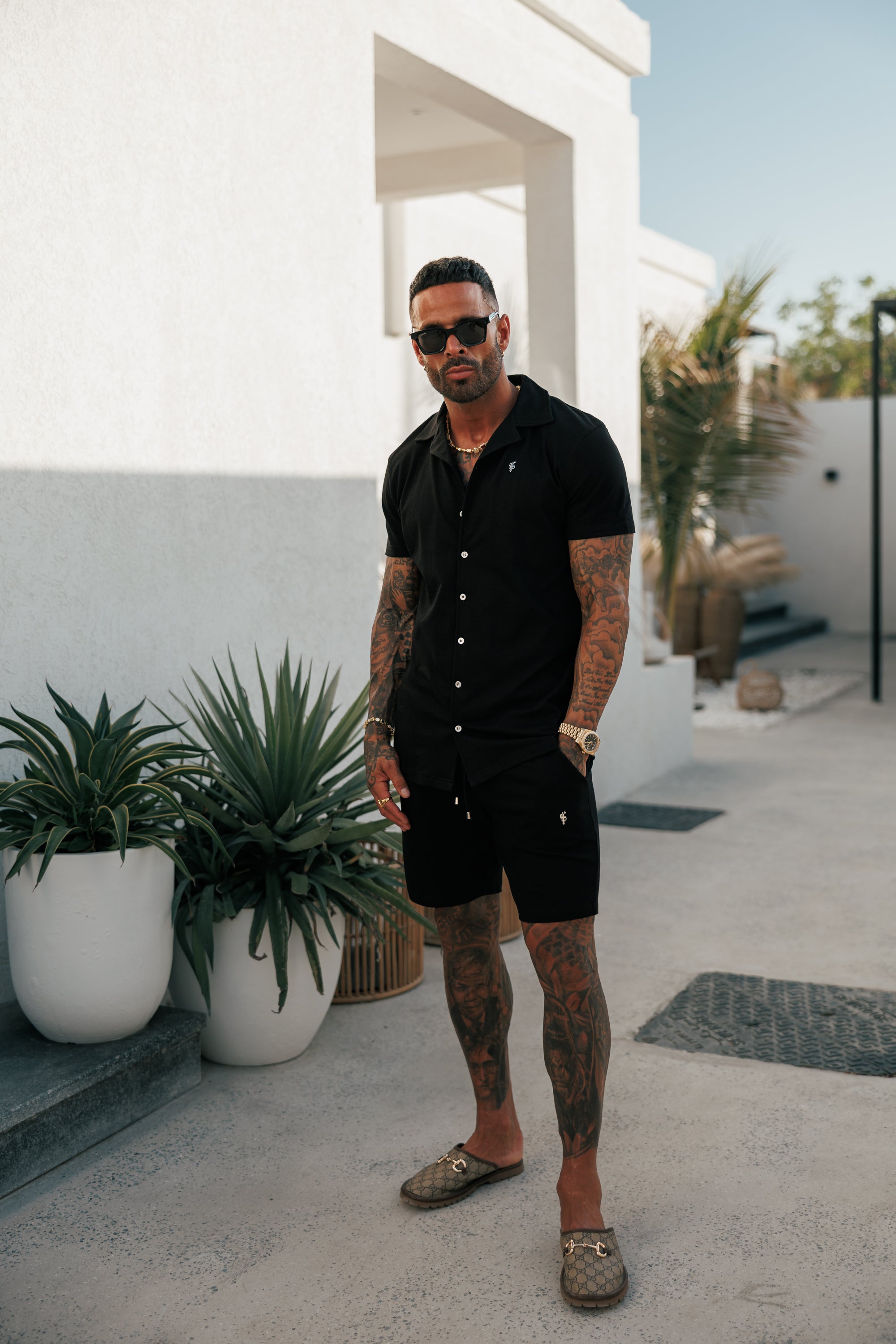 Stretch Black / Silver Pique Revere Shirt Short Sleeve - FSH1355