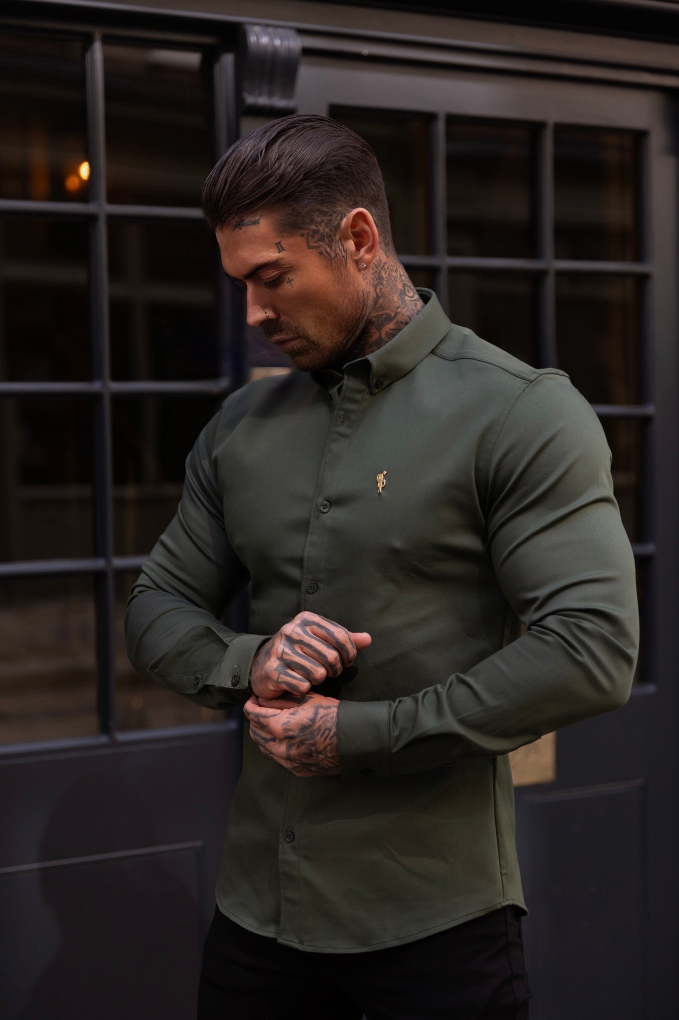 Super Slim Stretch Khaki Denim Long Sleeve with Gold Metal Decal and Button Down Collar - FS1044