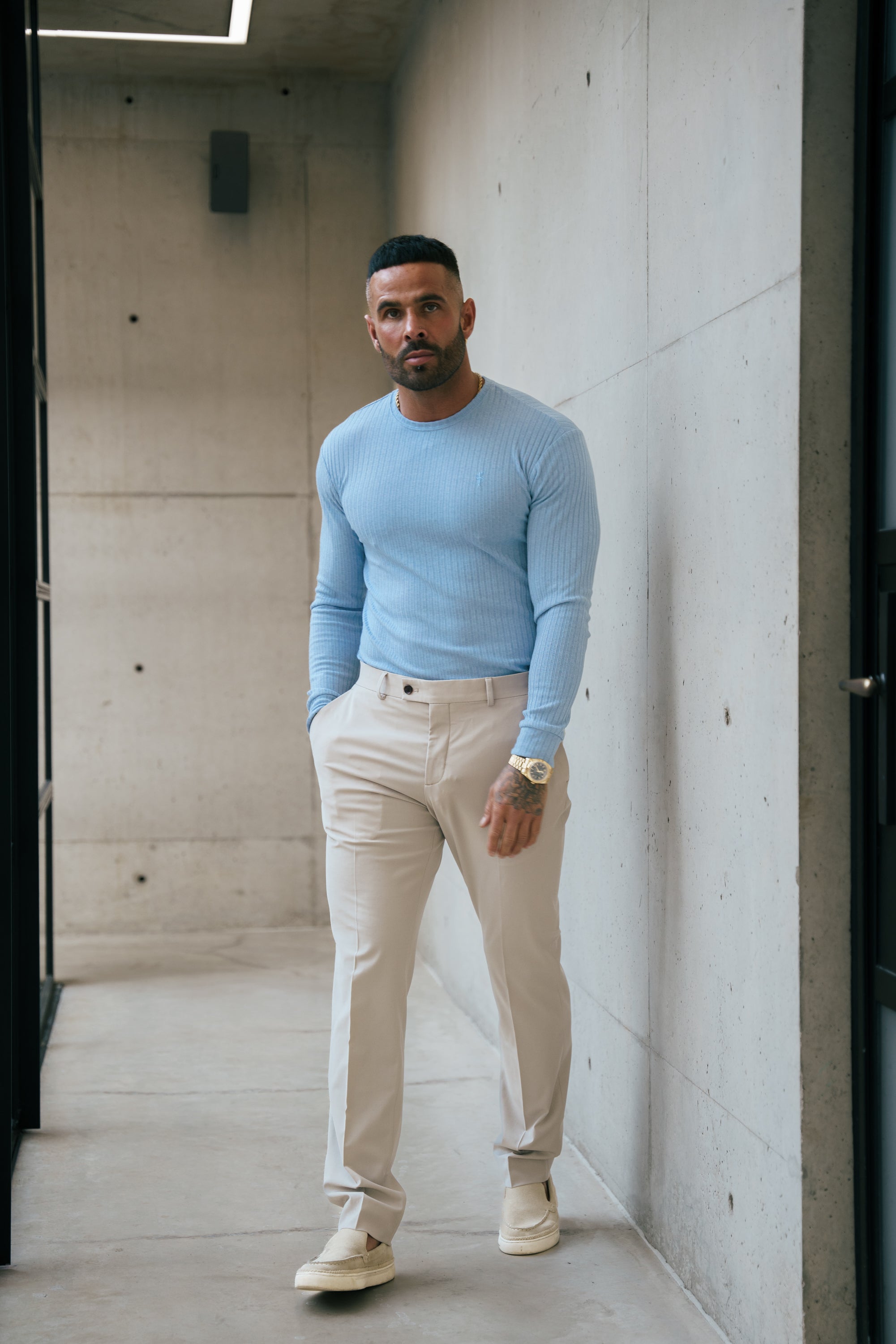 Father Sons Classic Light Blue Ribbed Knit Jumper With Tonal Embroidery -  FSH1286