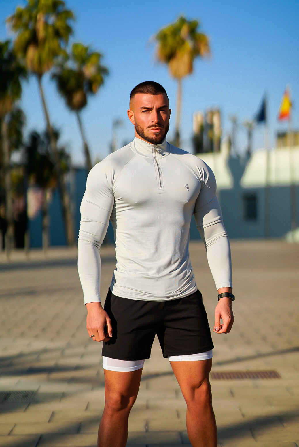 Long Sleeve Light Grey / Silver Half Zip Gym Top - FSH890