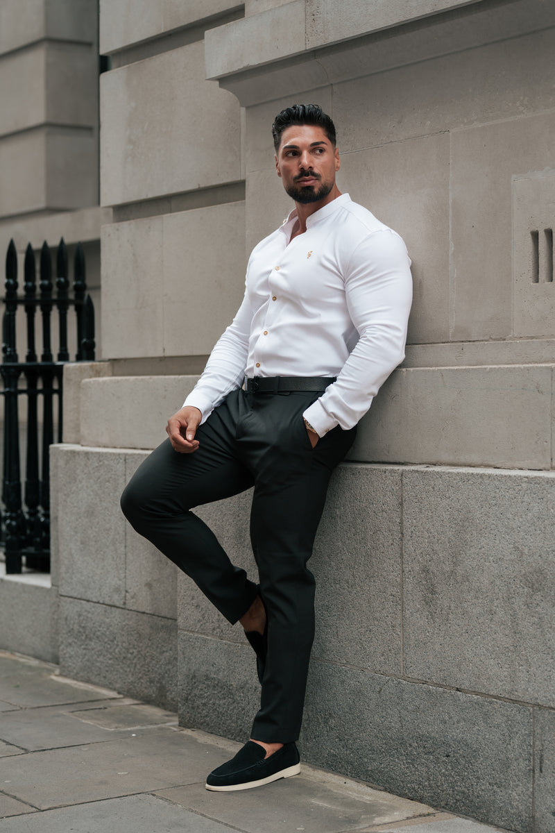 Father Sons Super Slim Scuba White / Gold Long Sleeve Stretch with Grandad Collar - FS1193