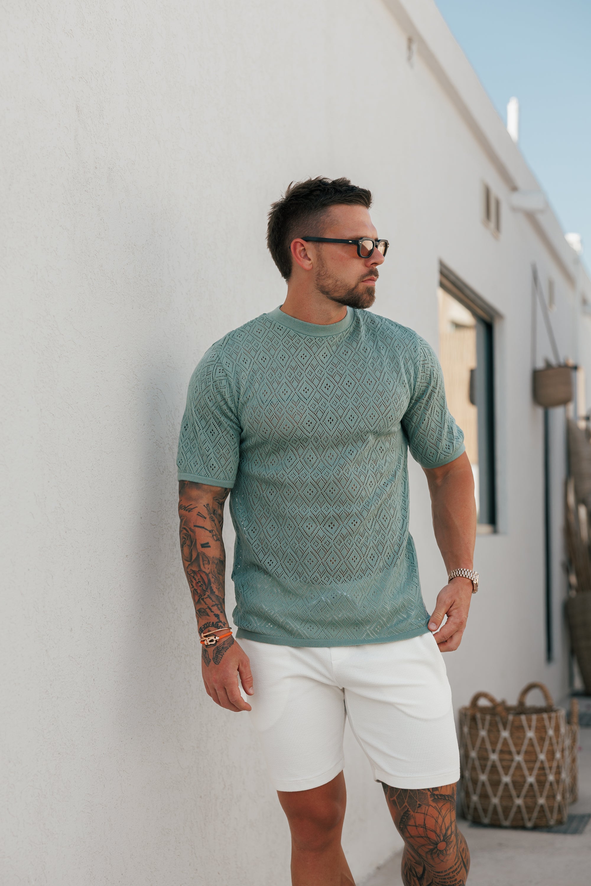 Crochet Crew T-Shirt Light Green Short Sleeve - FSJ091