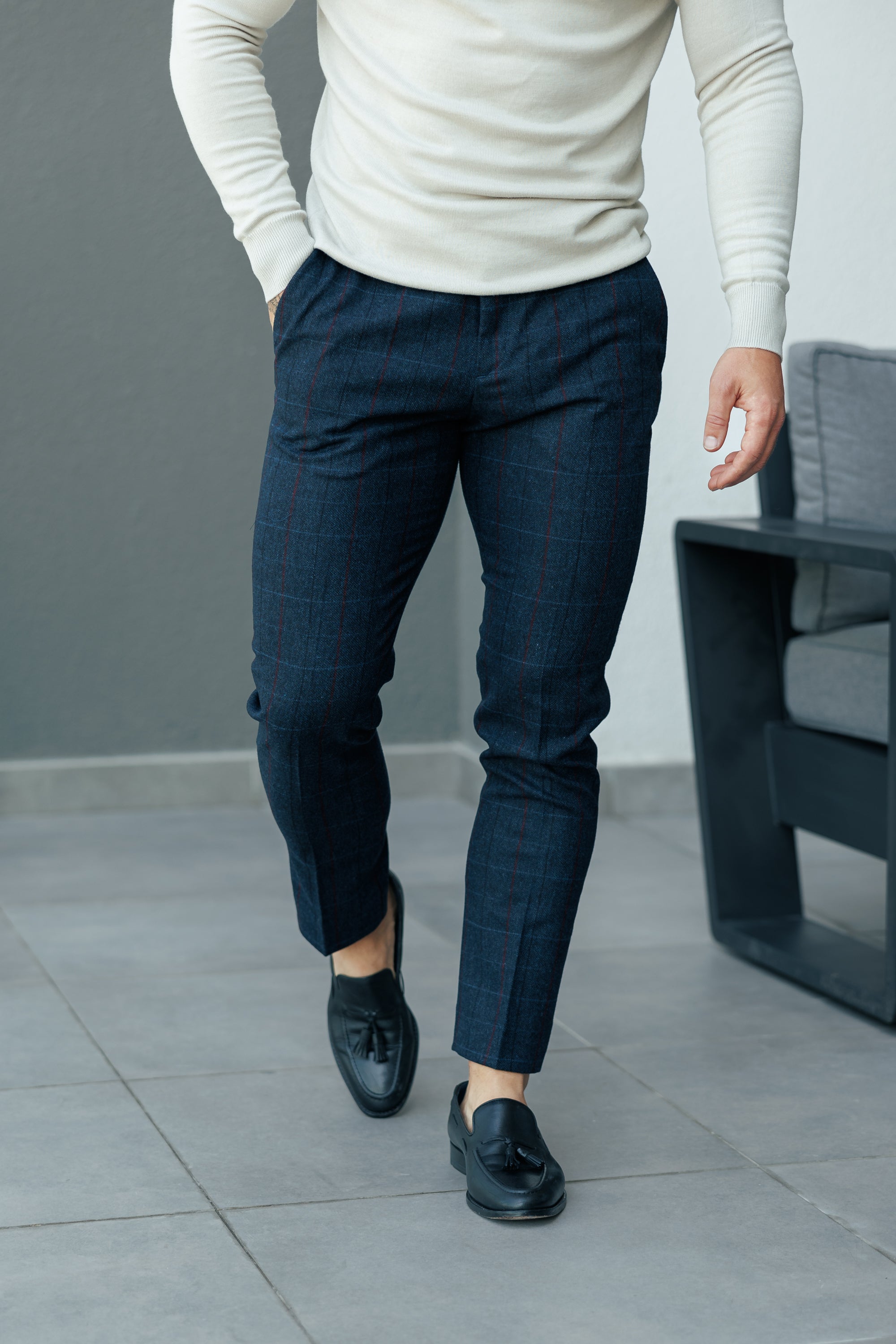 Father Sons Relaxed Formal Navy / Burgundy Check Pants - FSTR016 