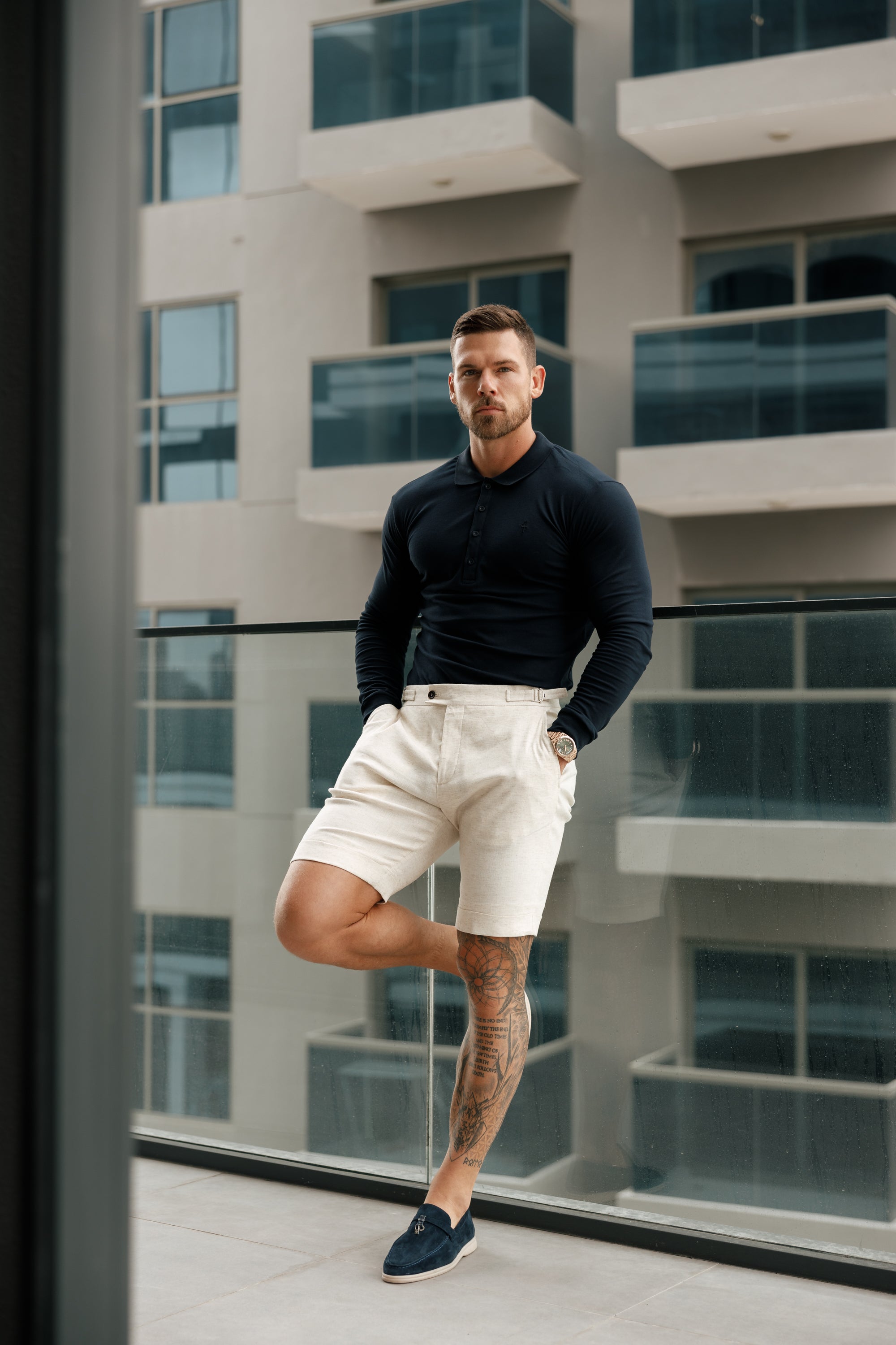 Classic Navy Tonal Polo Long Sleeve Shirt - FSH861