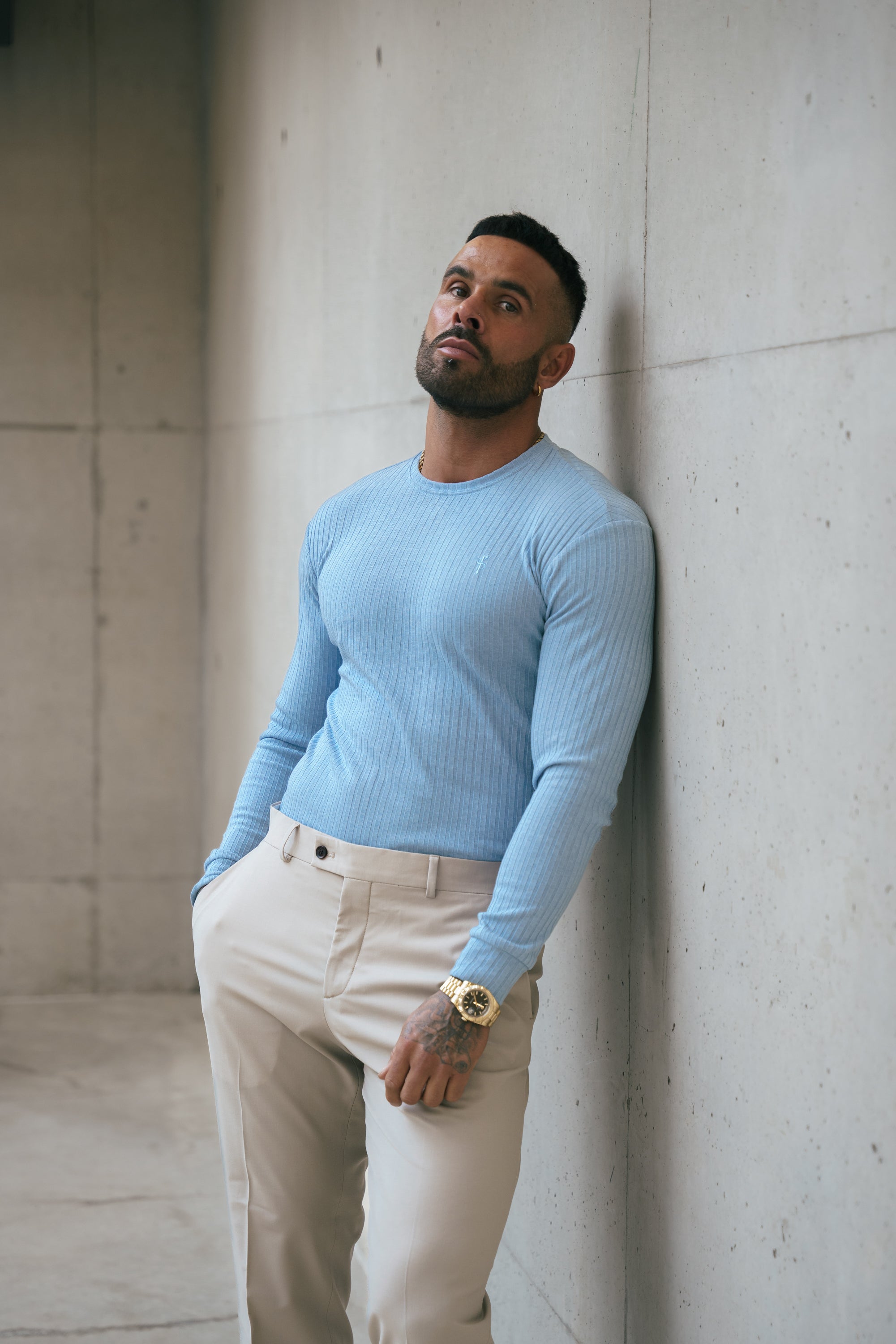 Father Sons Classic Light Blue Ribbed Knit Jumper With Tonal Embroidery -  FSH1286