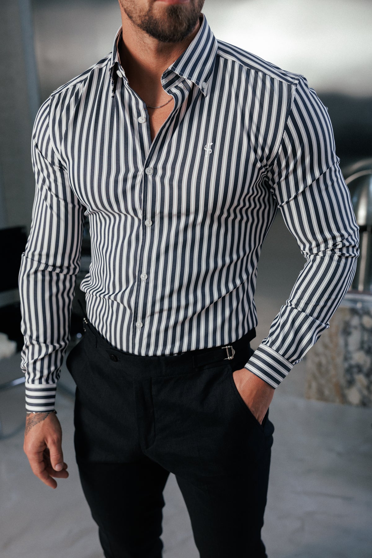 Super Slim Stretch Sateen Touch White / Navy Double Stripe Long Sleeve  -  FS1287