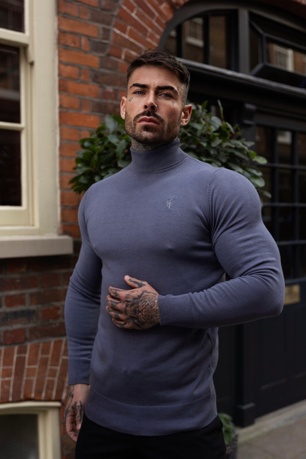 Father Sons Classic Gunmetal Roll Neck Knitted Sweater With Tonal Emblem - FSN137
