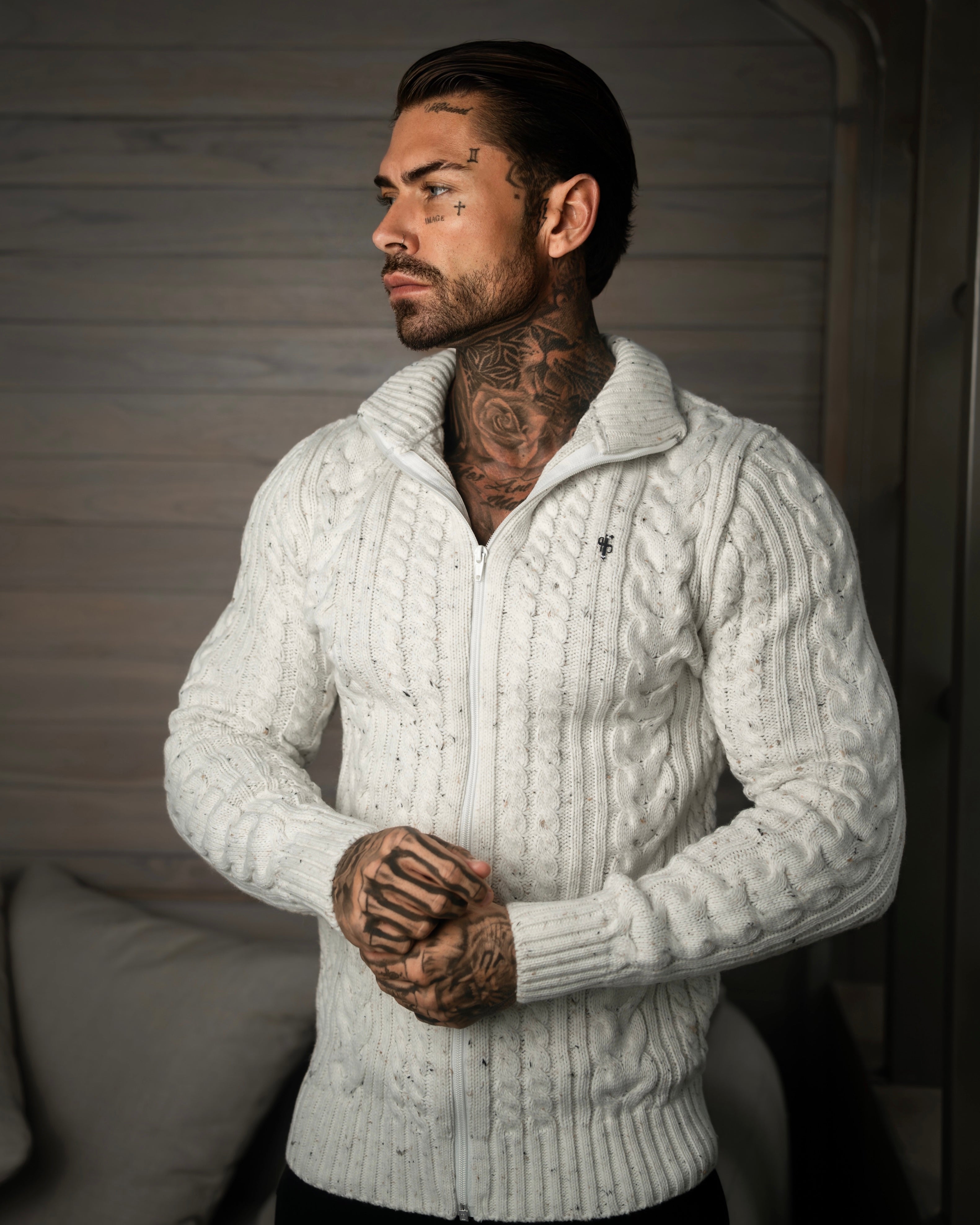 Chunky Zipped Cardigan Beige Fleck -  FSJ148