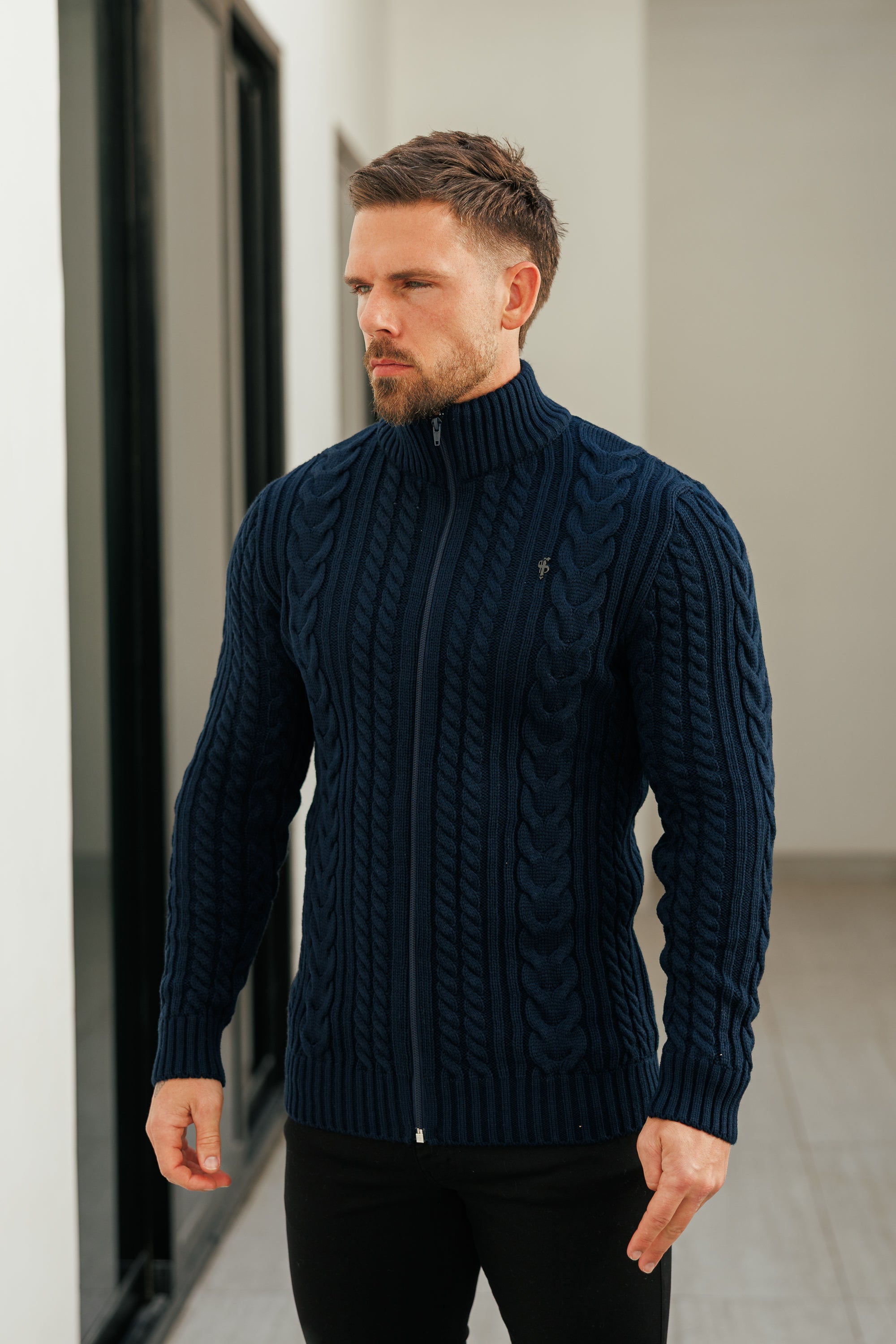Funnel Neck Full Zip Cardigan Dark Navy -  FSJ146