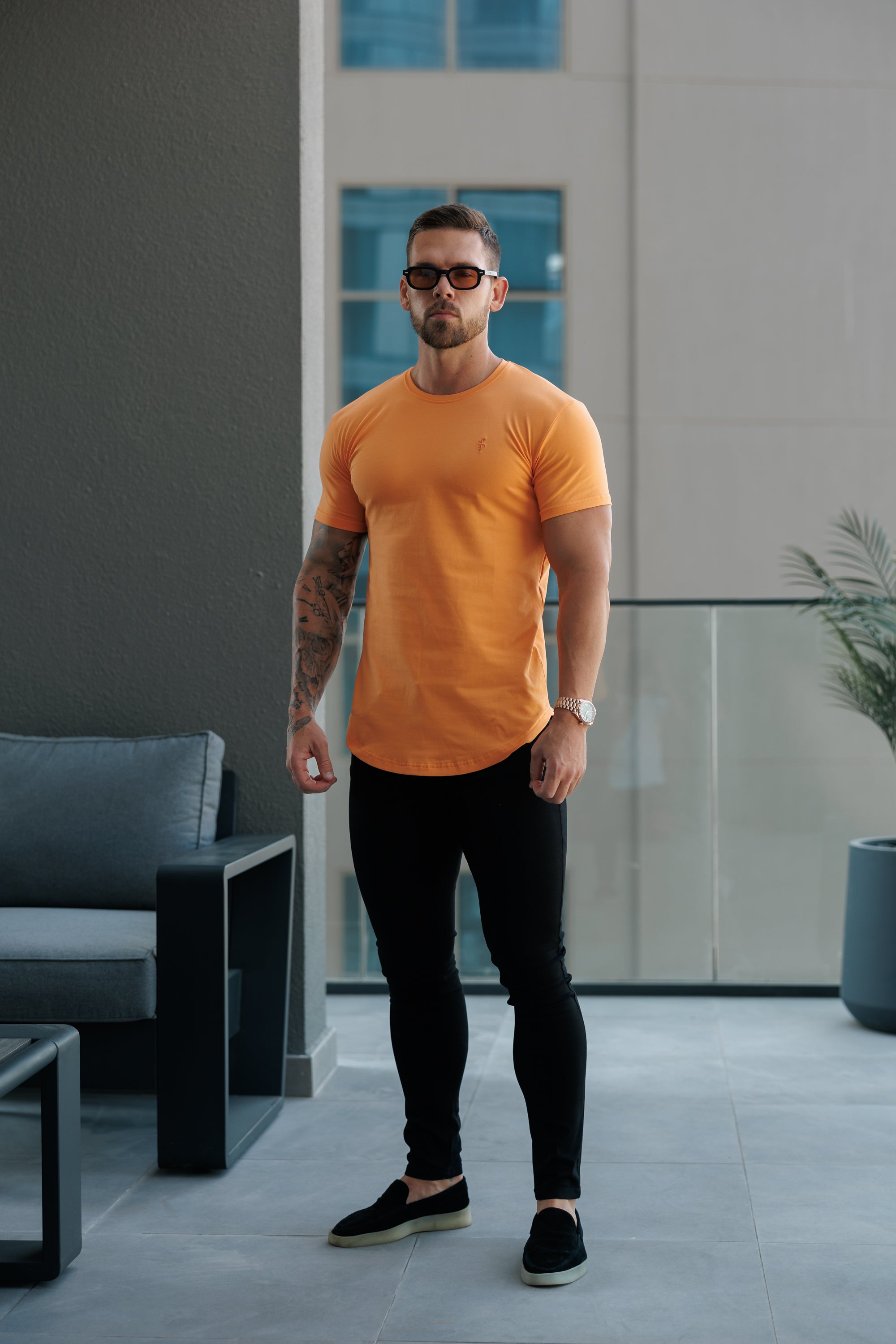 Classic Orange Tonal Curved Hem Crew T Shirt - FSH1152