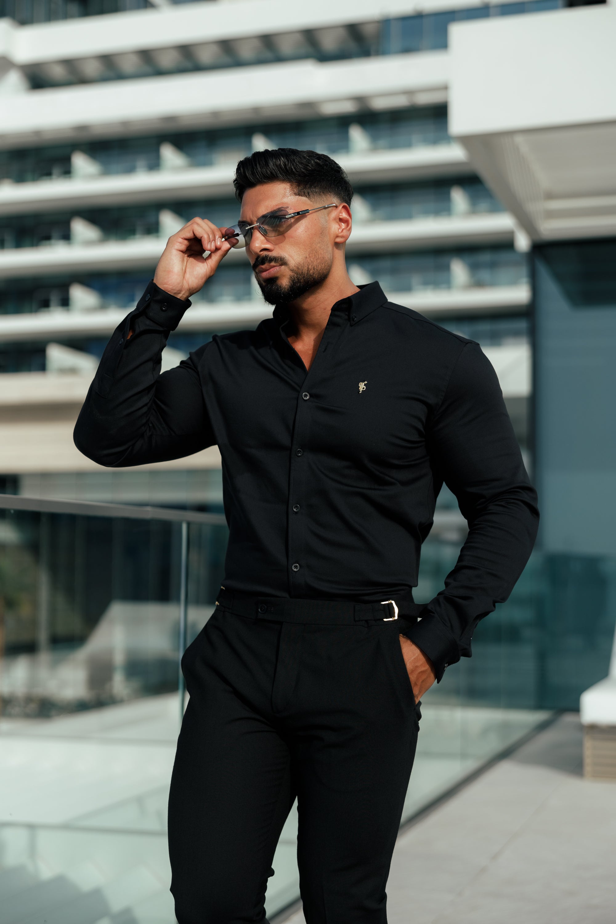 Slim Formal Black Stretch Trousers With Gold Waist Adjusters - FST041