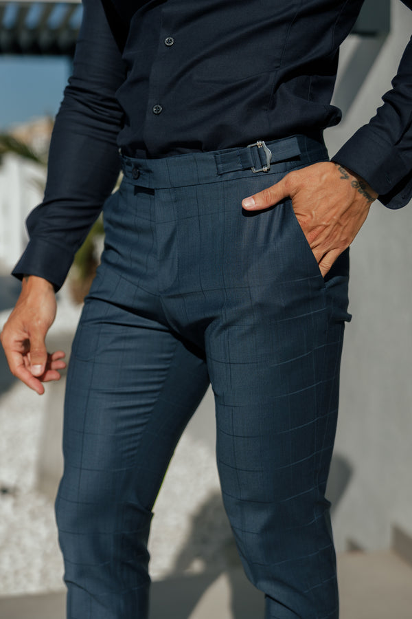 Father Sons Slim Formal Navy Self Check Stretch Pants with Side Adjusters - FST030