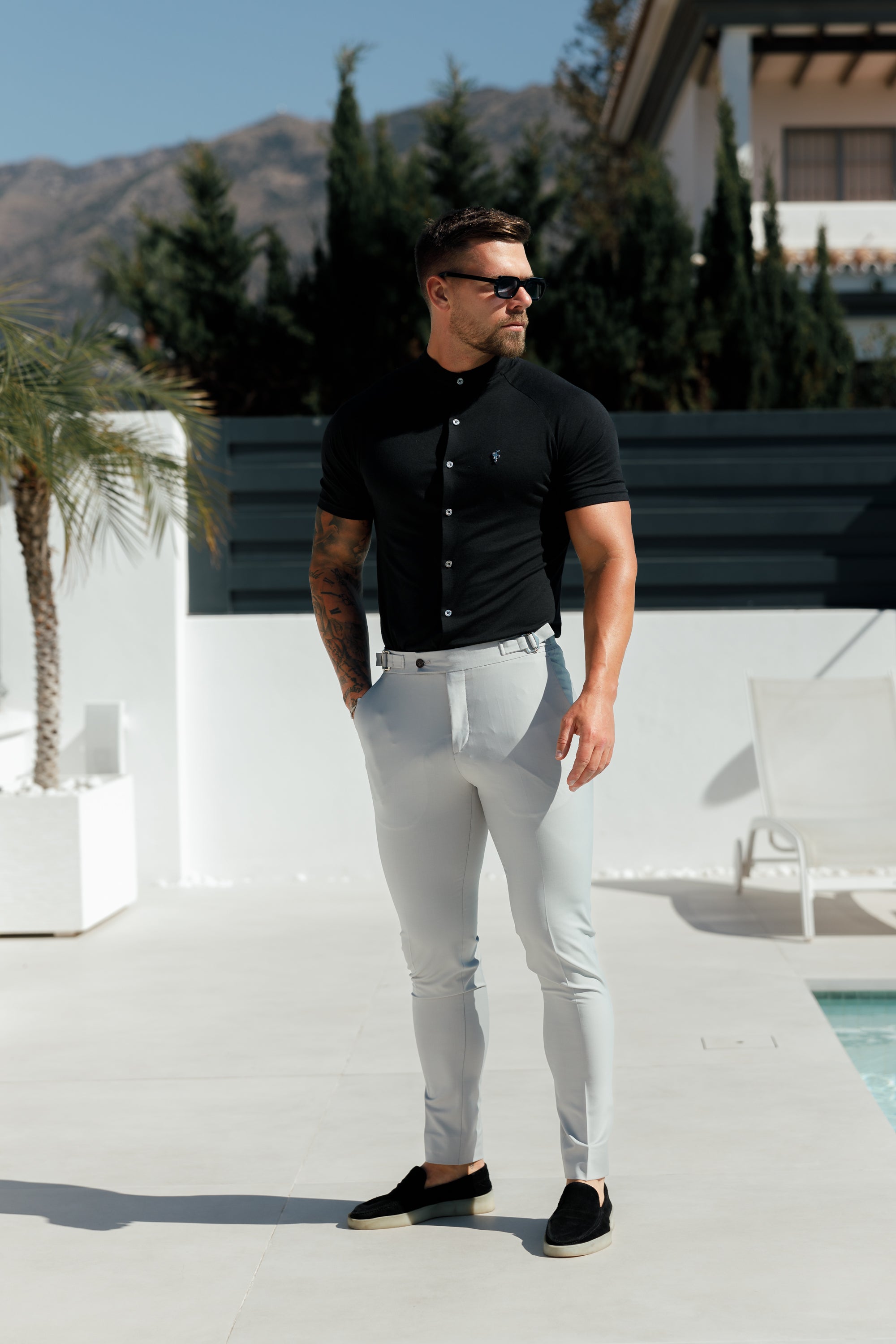 Slim Bamboo Raglan Grandad Collar Black Short Sleeve - FSH1165