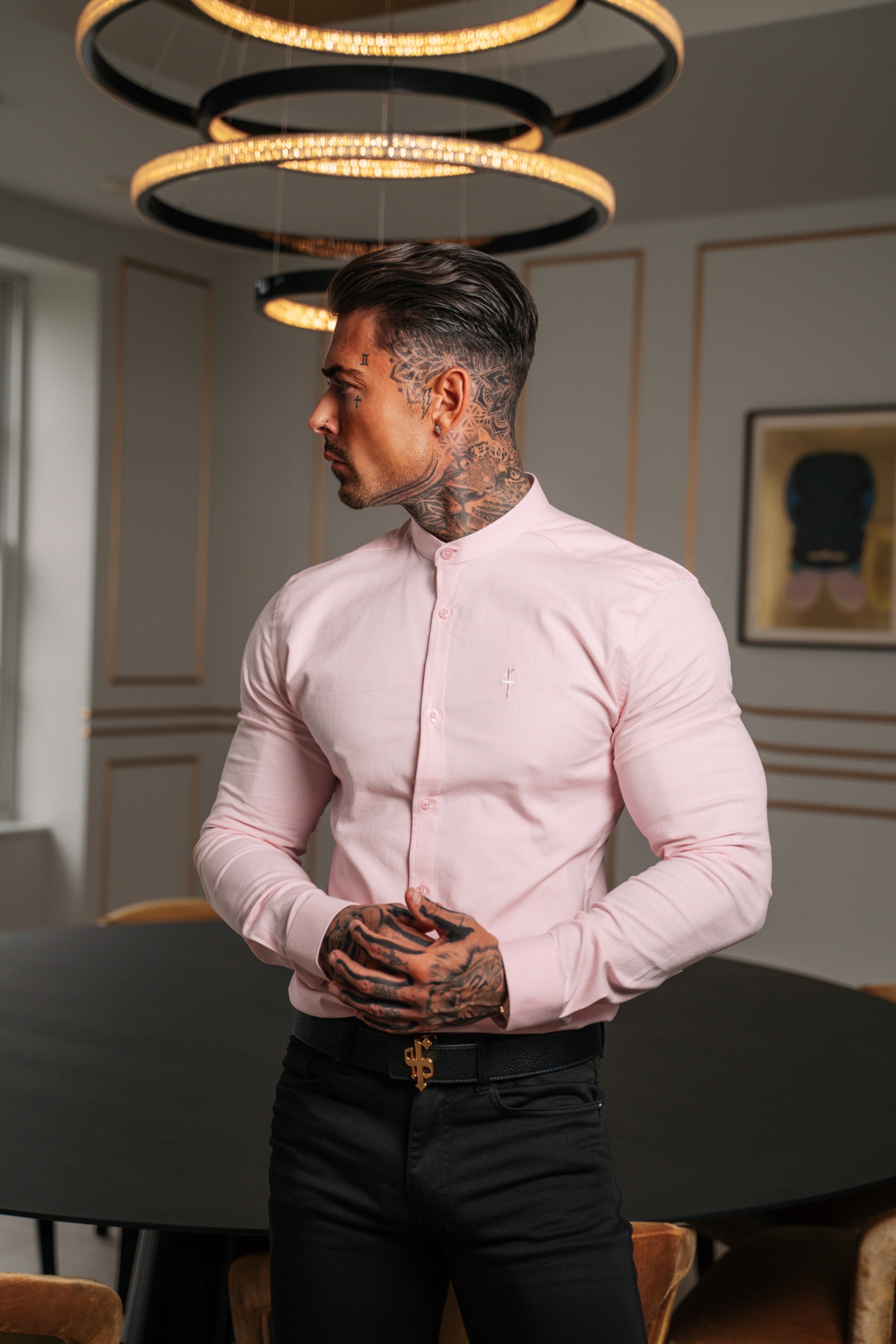 Super Slim Stretch Classic Oxford Pink Grandad Collar Long Sleeve - FS952