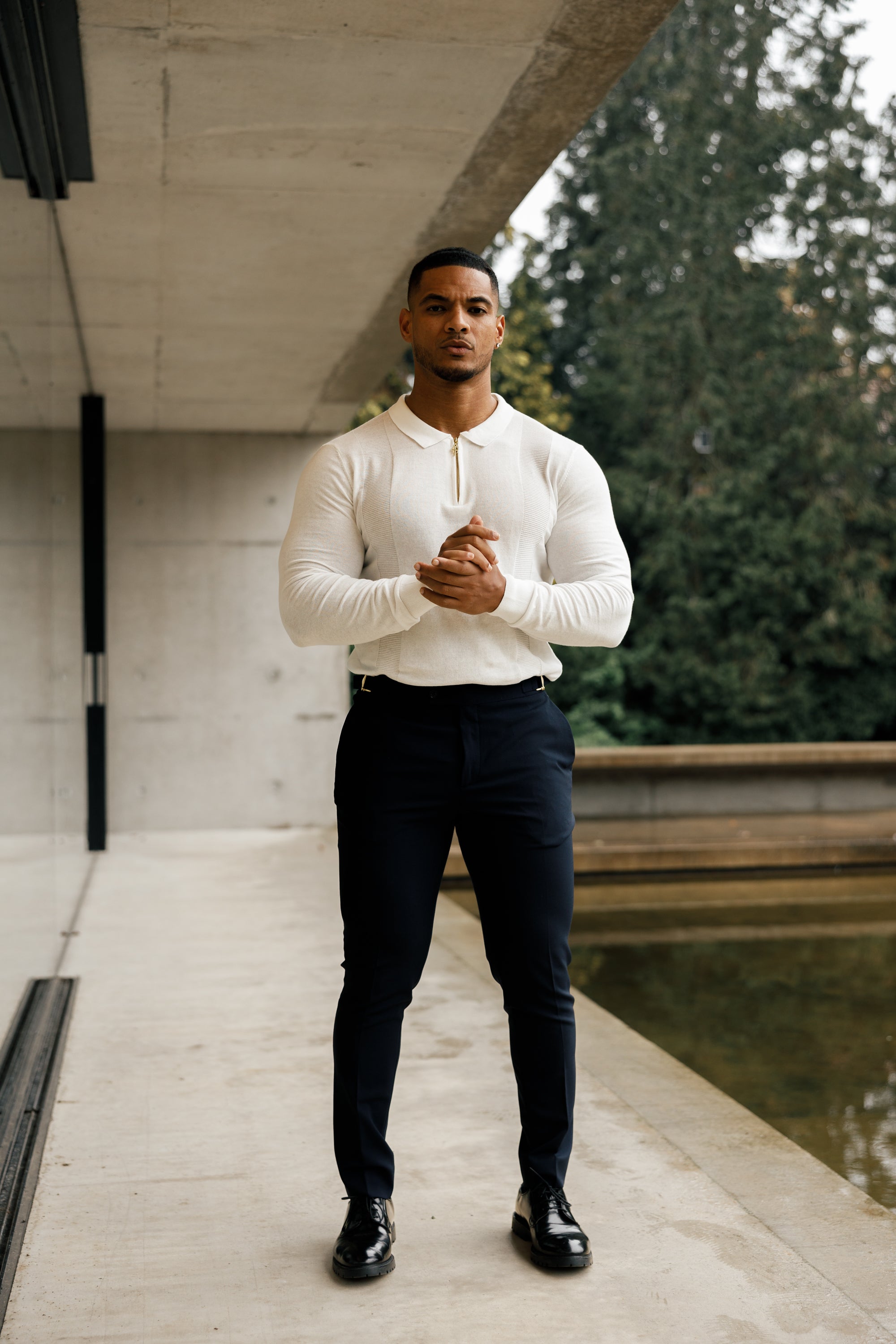 Classic White and Gold Zip Knitted Polo Shirt  Long Sleeve - FSN125