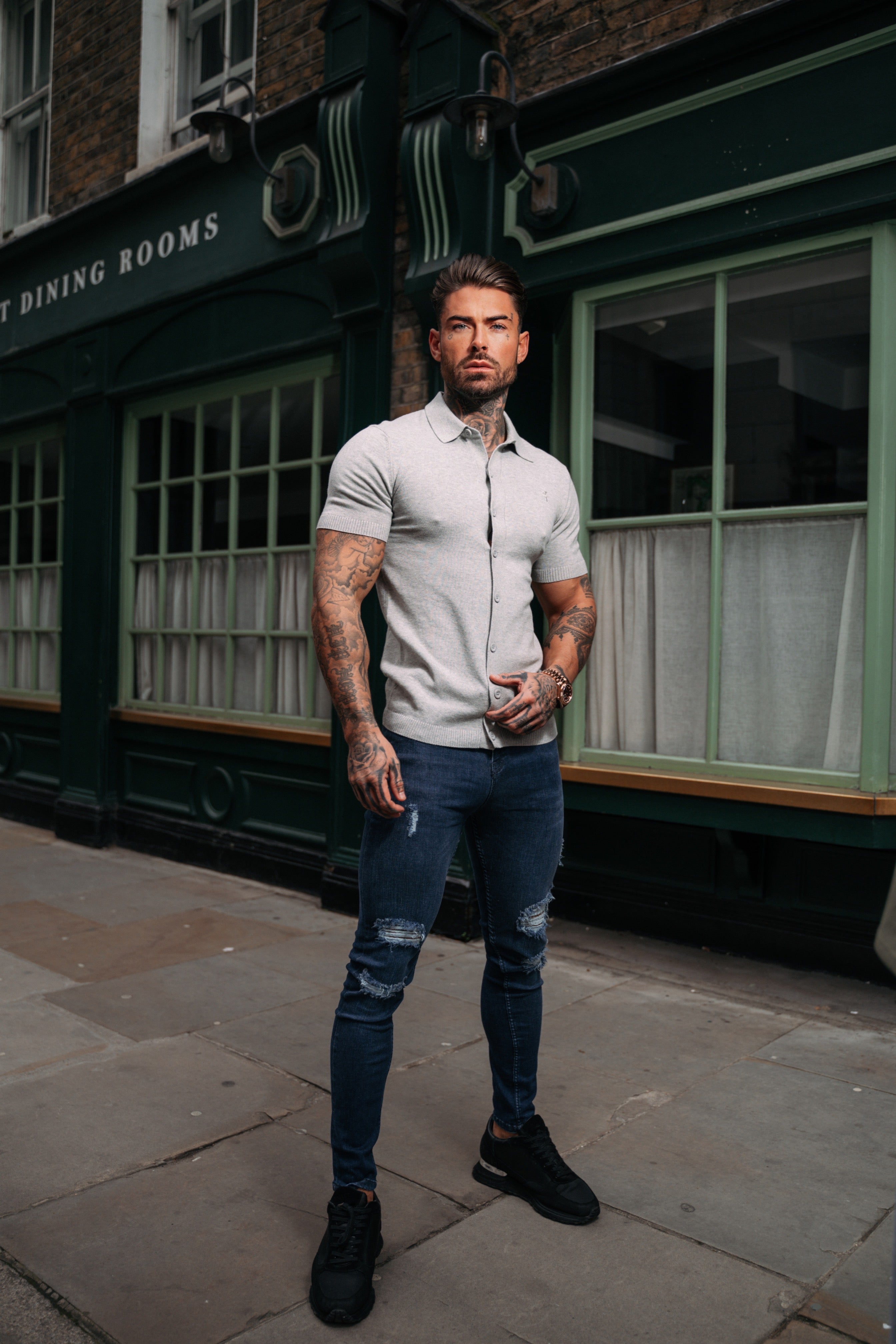 Classic Plain Light Grey Knitted Button Through Polo Short Sleeve - FSN102