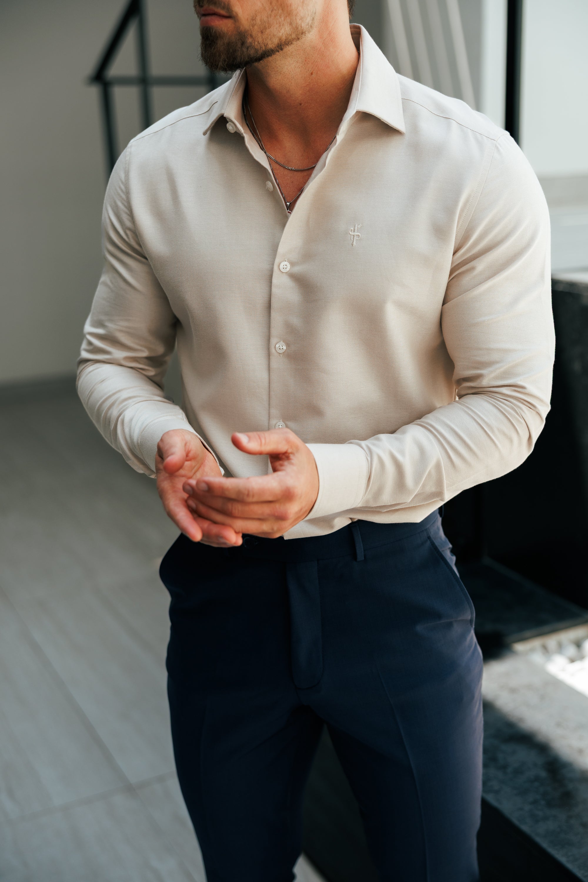 Classic Oxford Touch Long Sleeve Beige with Cutaway Collar - FS1175