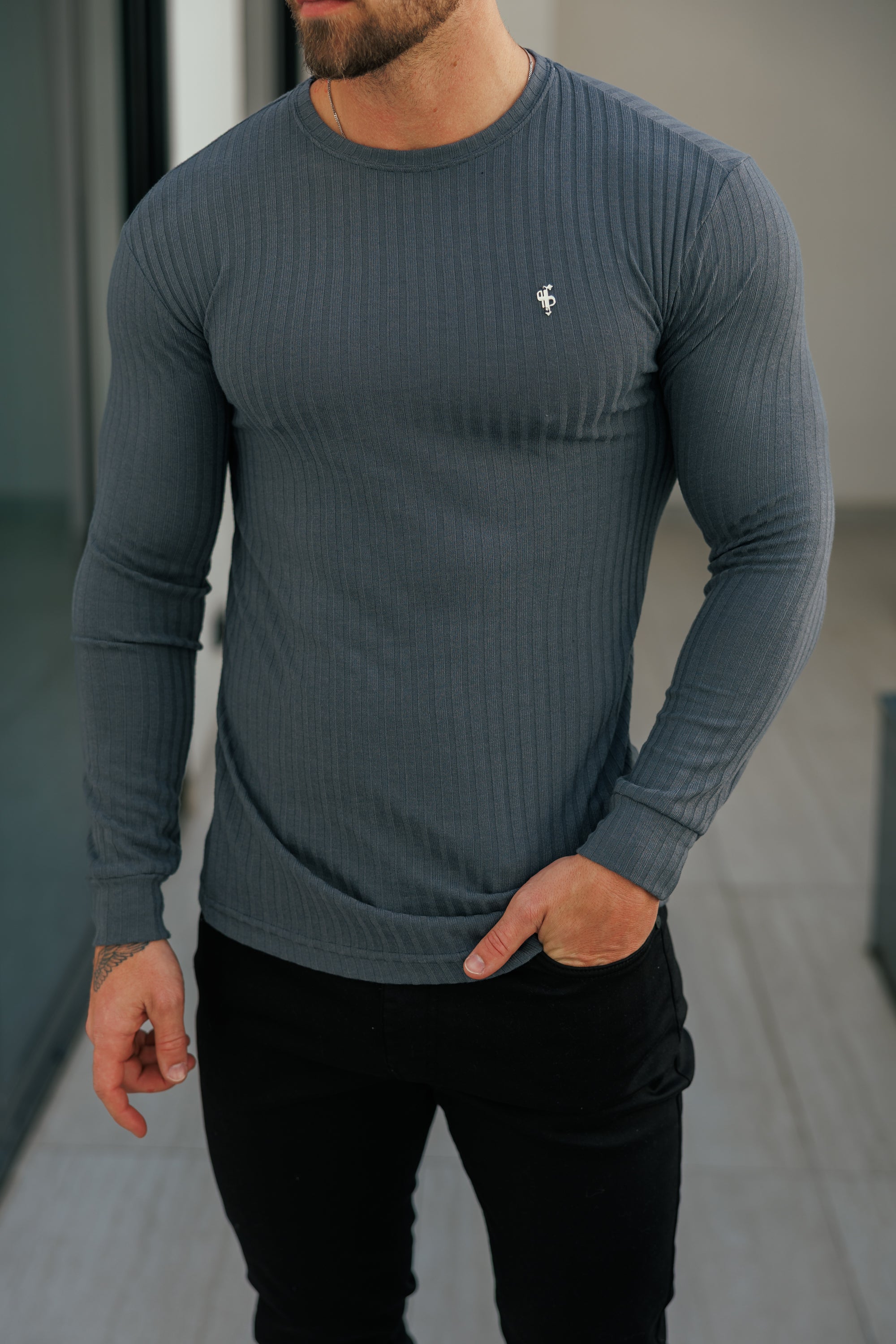 Father Sons Classic Charcoal Ribbed Knit Sweater With Silver Metal Emblem - FSH947