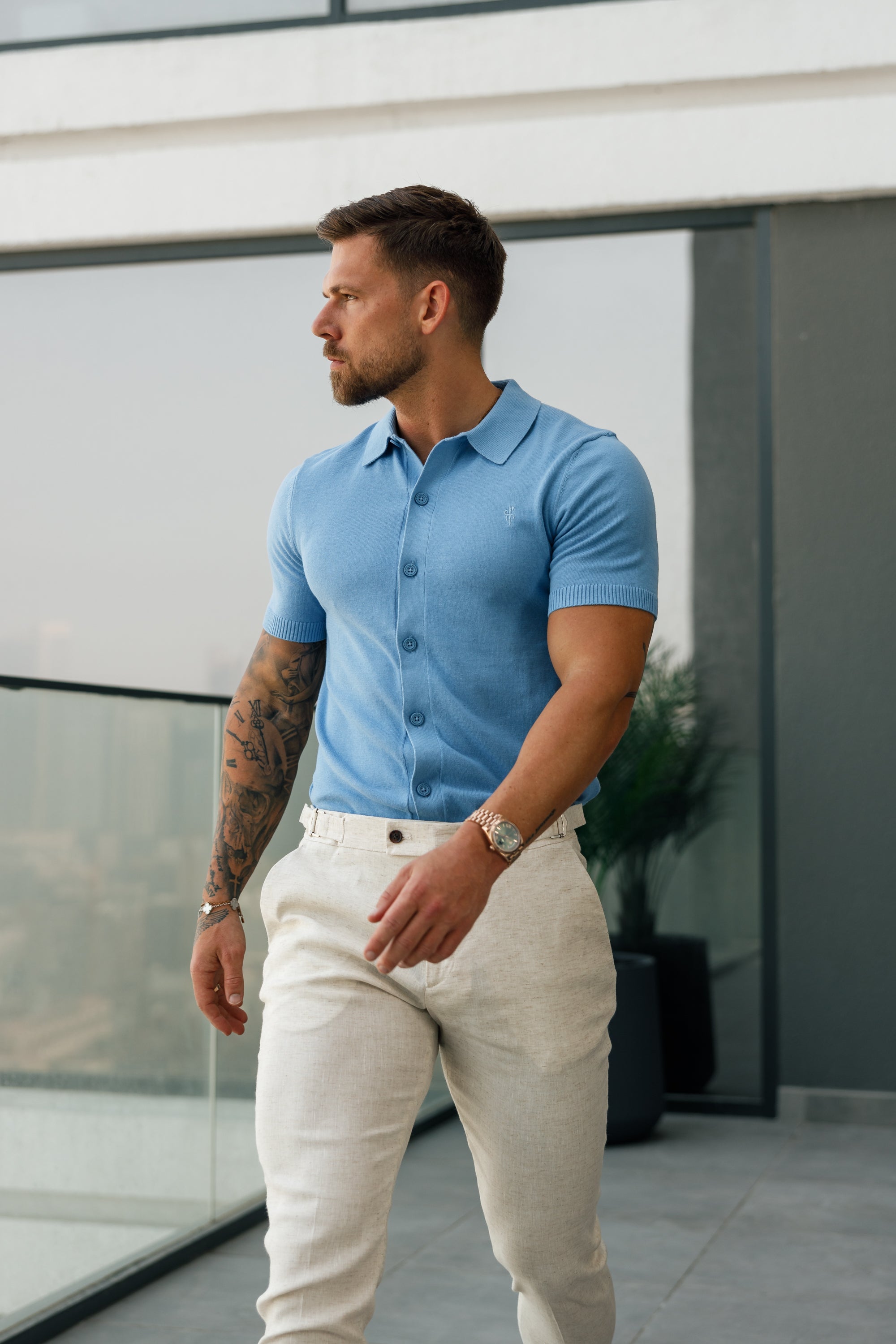 Classic Plain Light Blue Knitted Button Through Polo Short Sleeve - FSN161