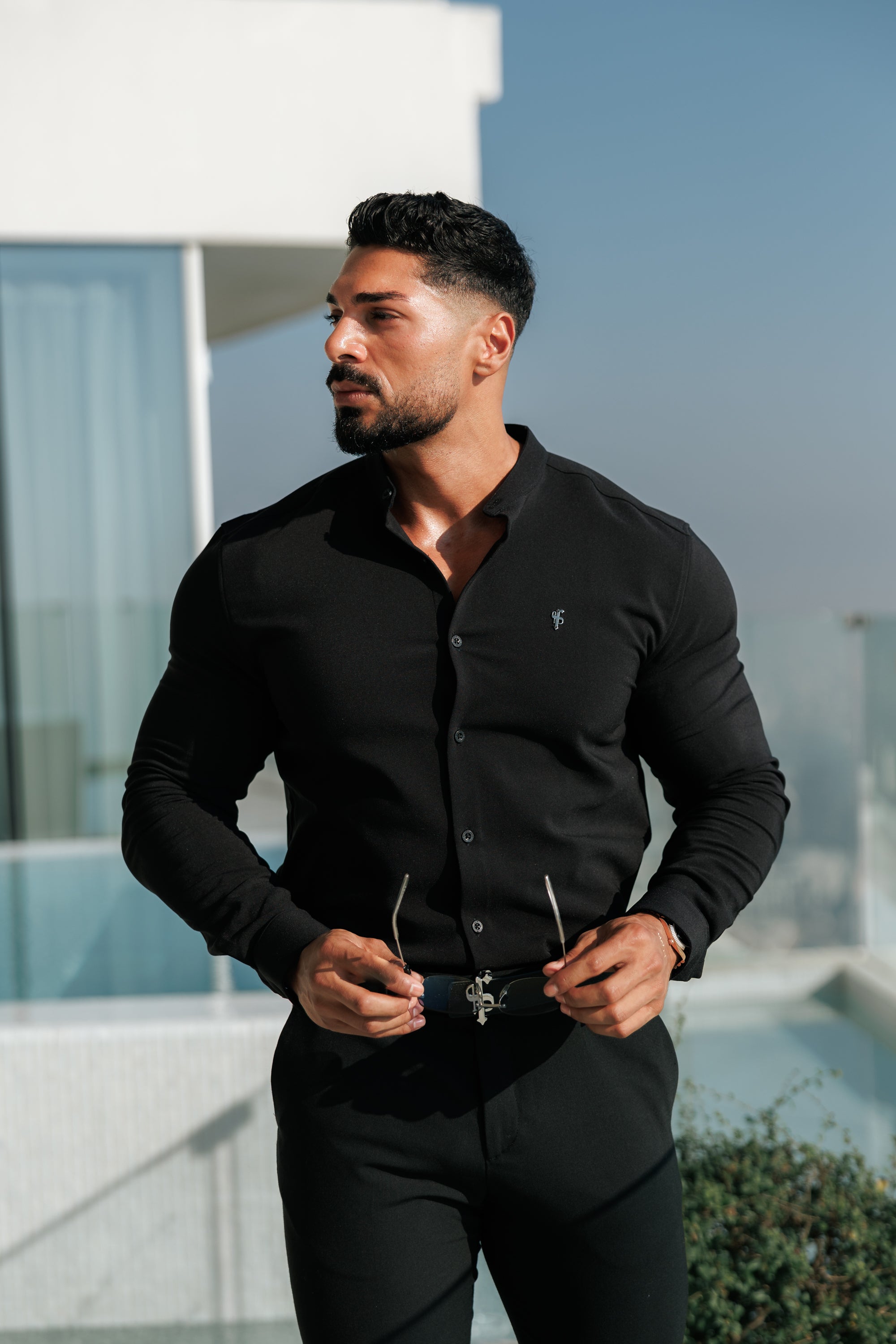 Classic Stretch Black LS with Grandad Collar - FS1078