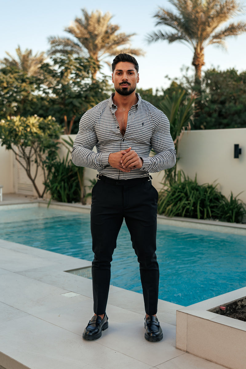 FS Super Slim Stretch White / Black Check Long Sleeve with Button Down Collar - FS1069