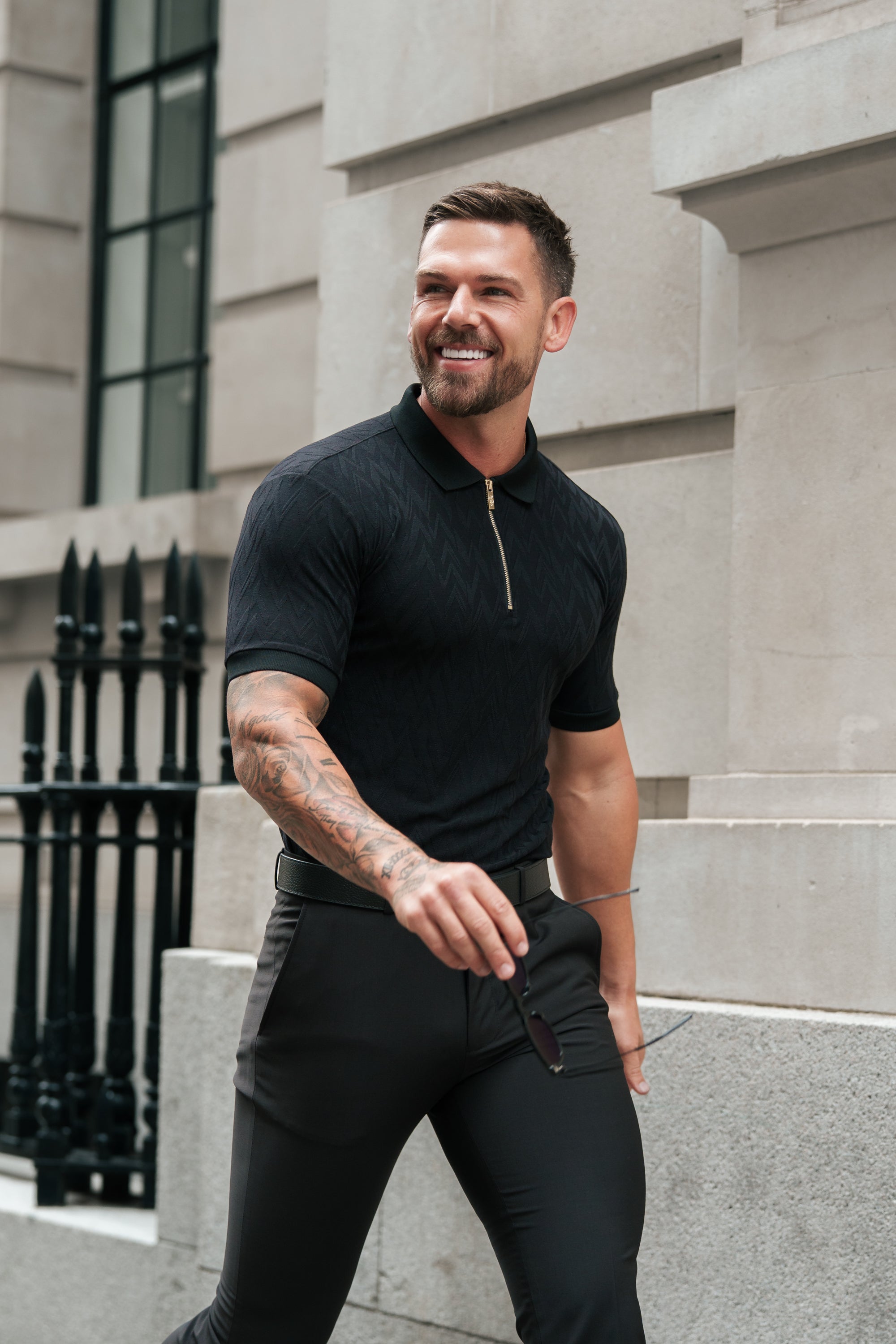 Classic Jacquard Black Chevron Zipped Polo - FSR019