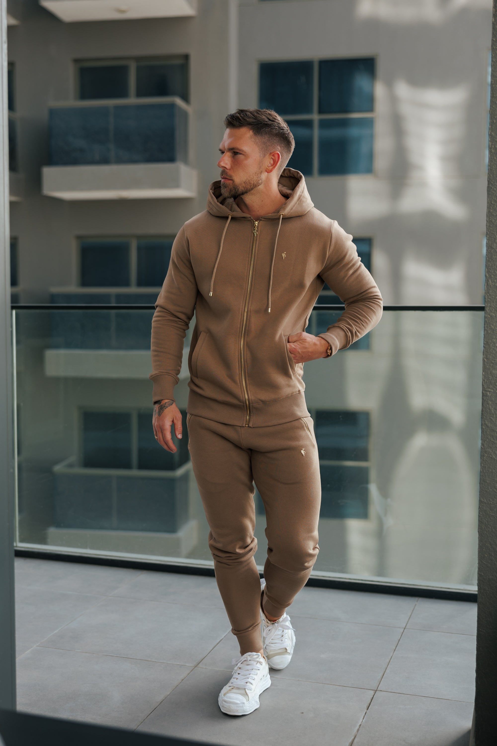 Taupe / Gold Full Zip Hoodie with Pockets - FSH1248