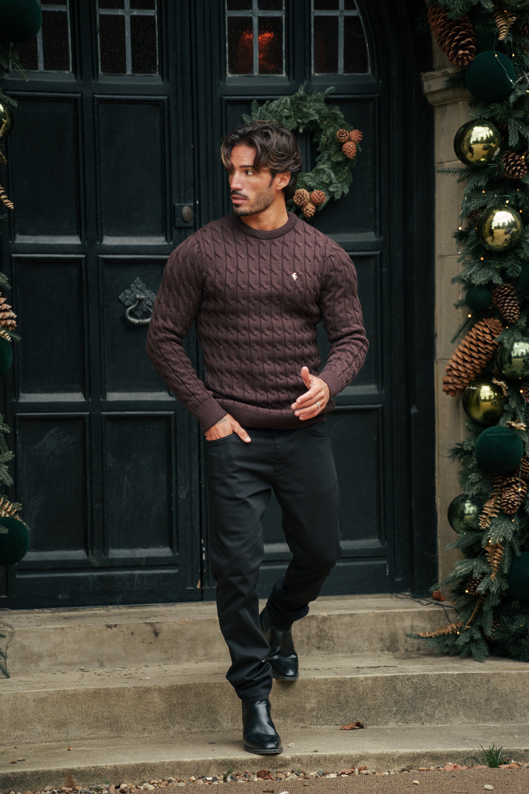 Link Weave Knit Brown Crew Neck Jumper - FSJ141