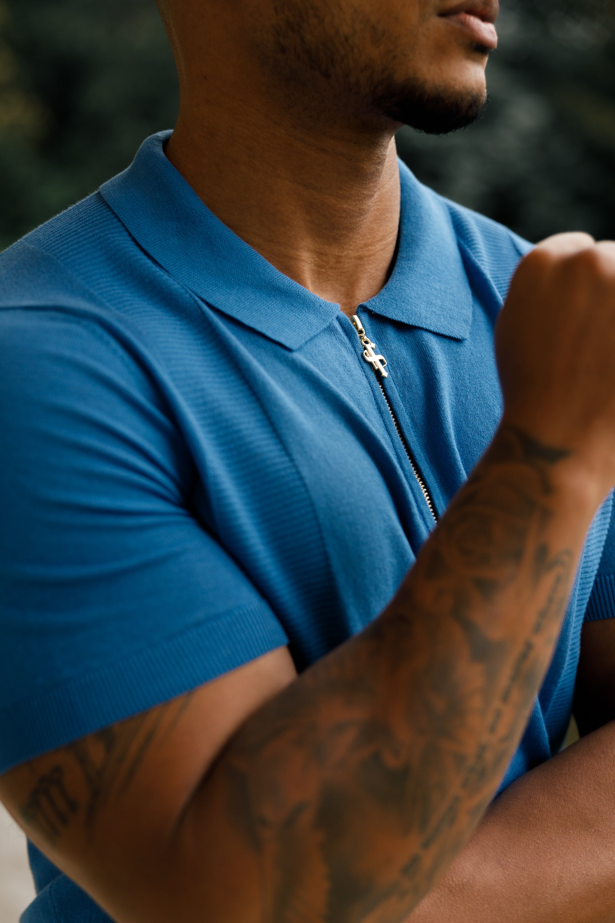 Classic Mid Blue and Gold Zip Knitted Polo Shirt Short Sleeve  - FSN134