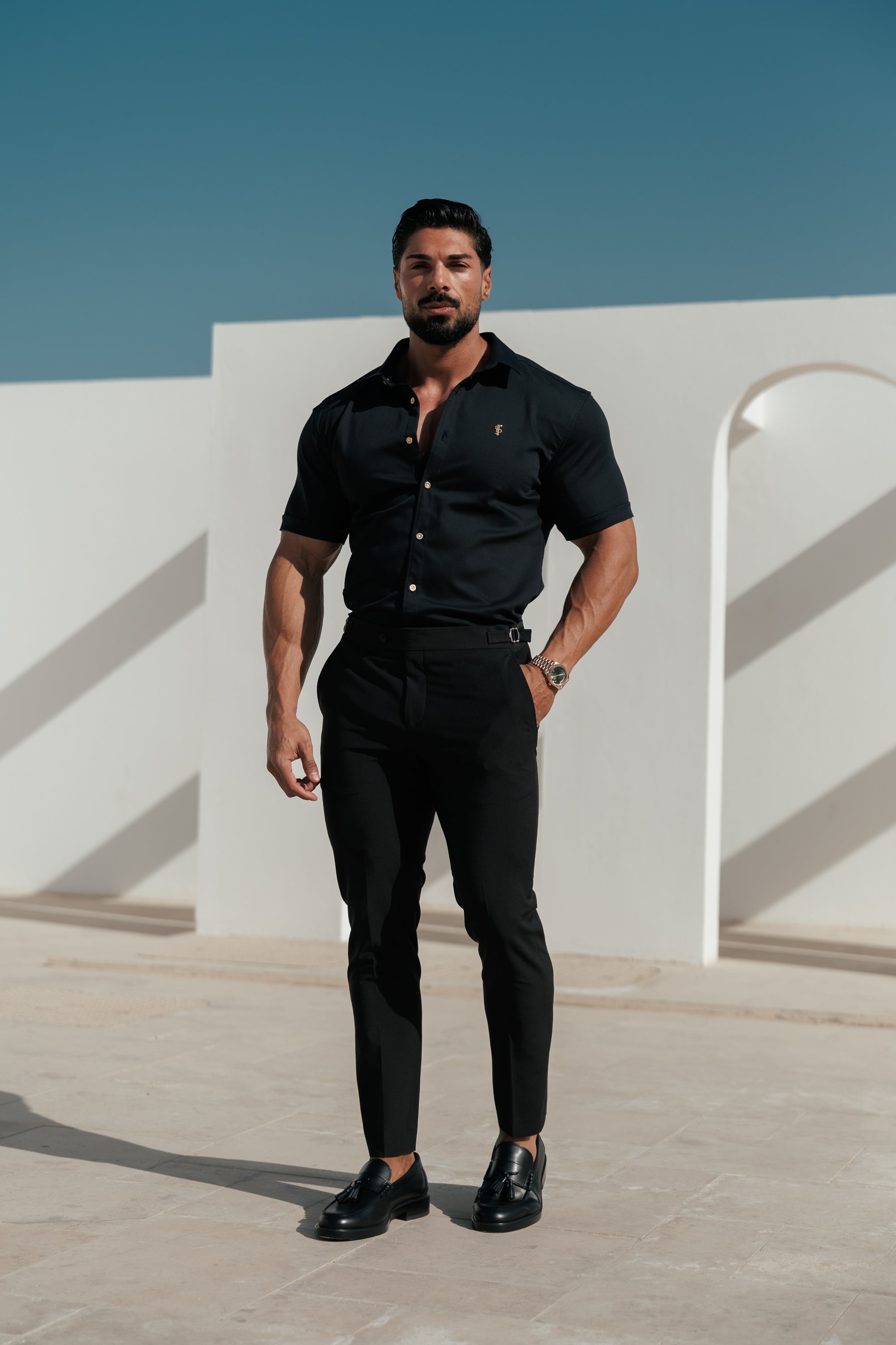 Slim Formal Black Stretch Trousers With Gold Waist Adjusters - FST041