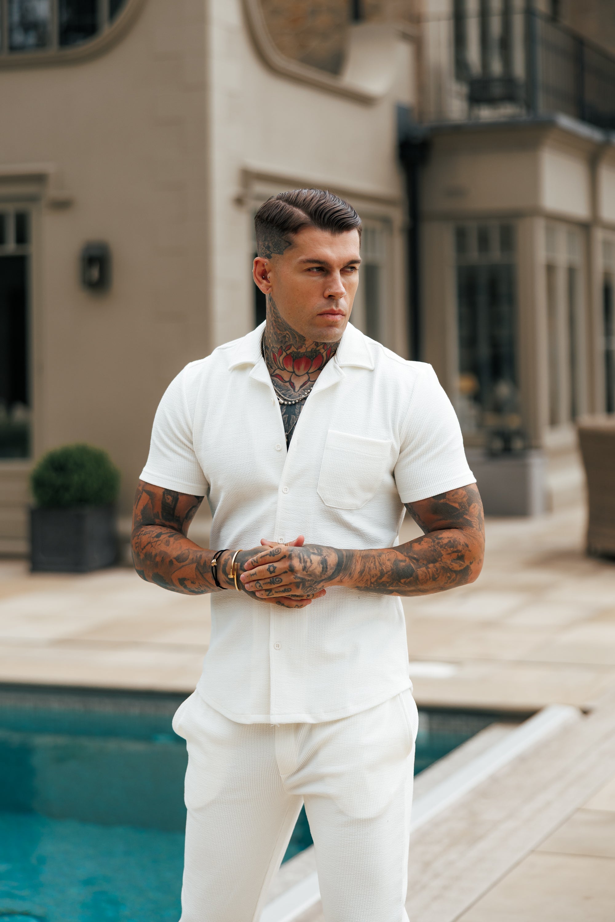 Jersey Cord Stretch White Revere Shirt Short Sleeve - FSR017