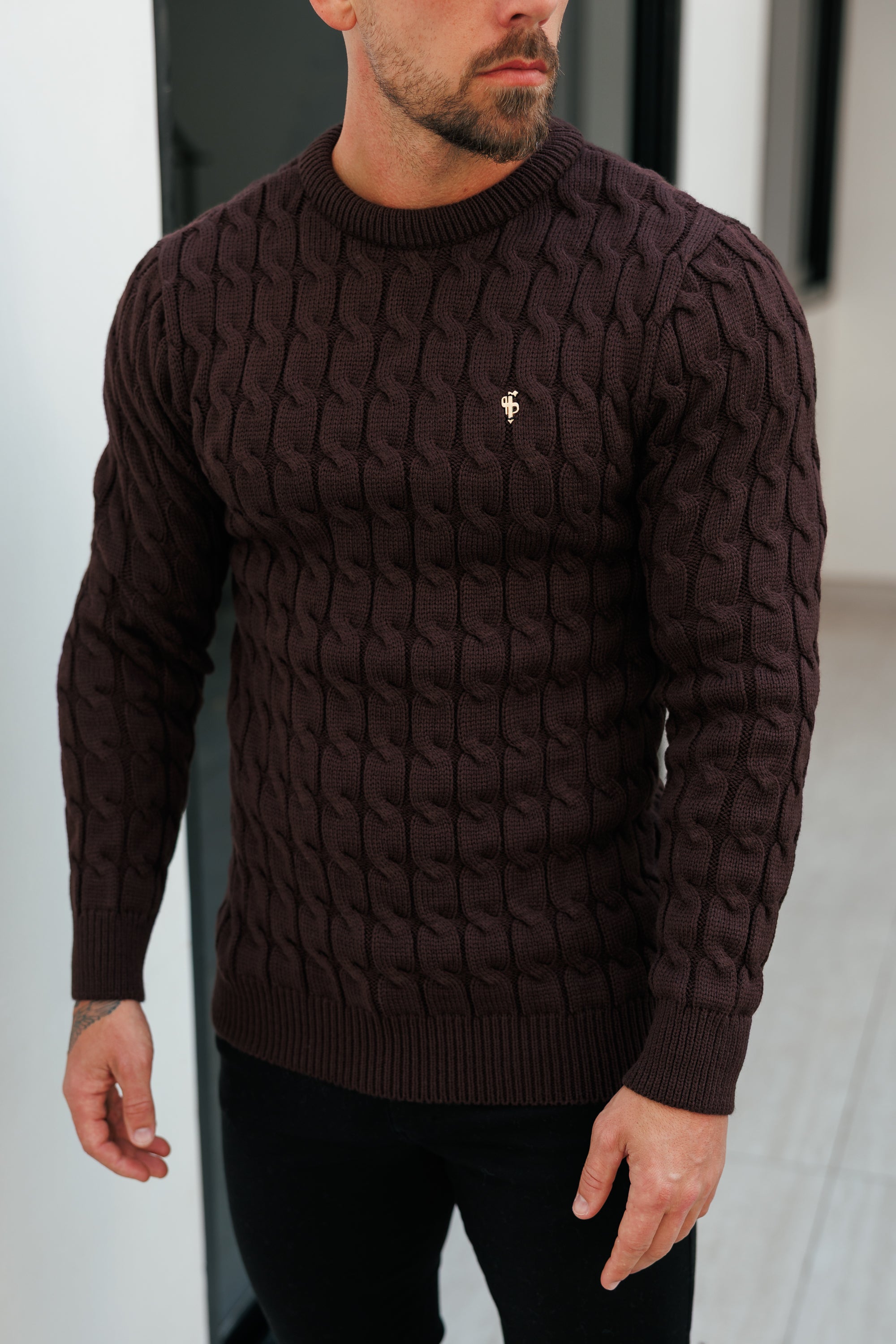 Link Weave Knit Brown Crew Neck Jumper - FSJ141