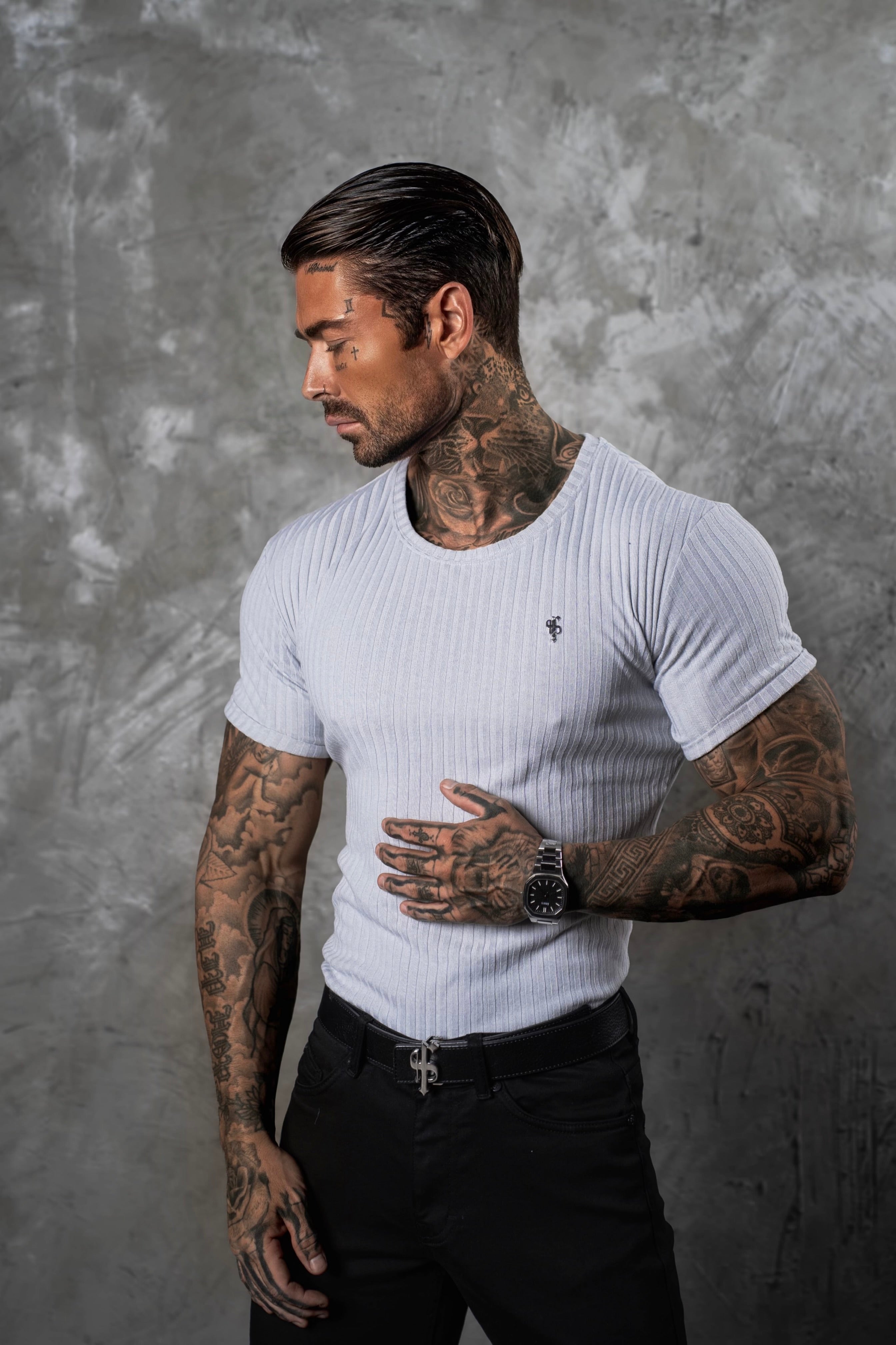 Classic Light Grey / Silver Ribbed Knit Super Slim Short Sleeve Crew - FSH1085