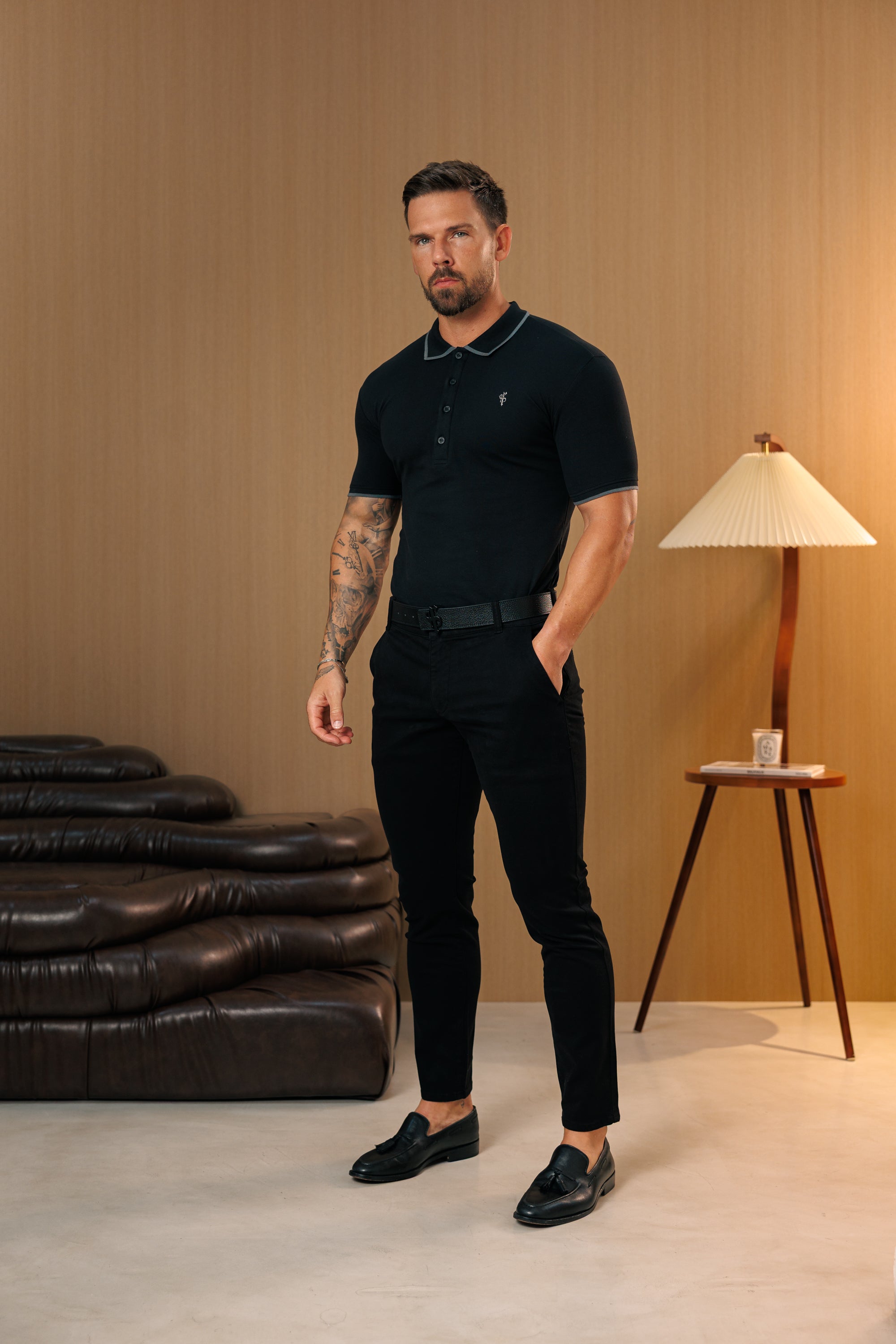 Black / Charcoal Polo Shirt With Contrast Collar and Sleeve - FSH1670