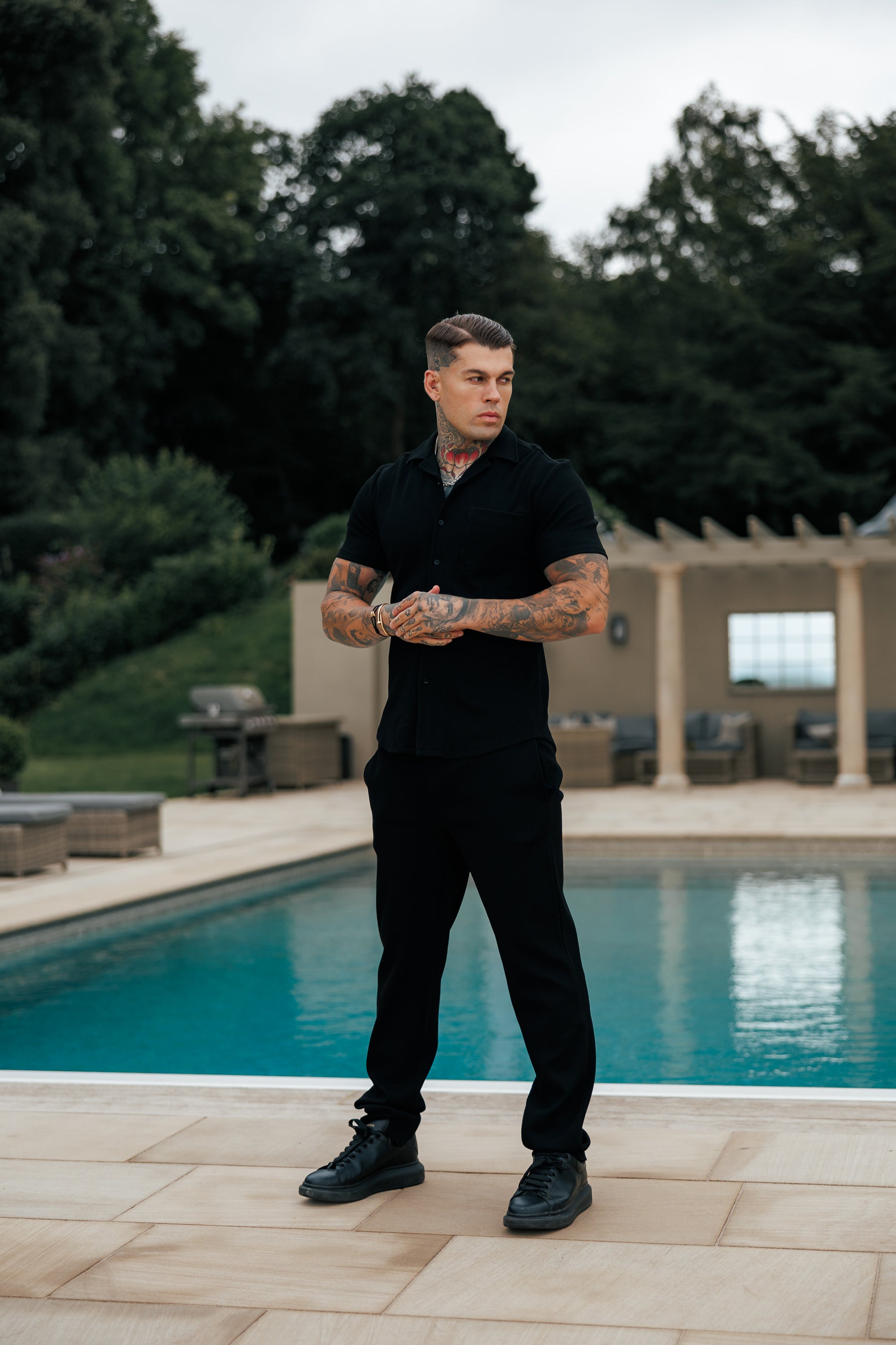 Jersey Cord Stretch Black Revere Shirt Short Sleeve - FSR018