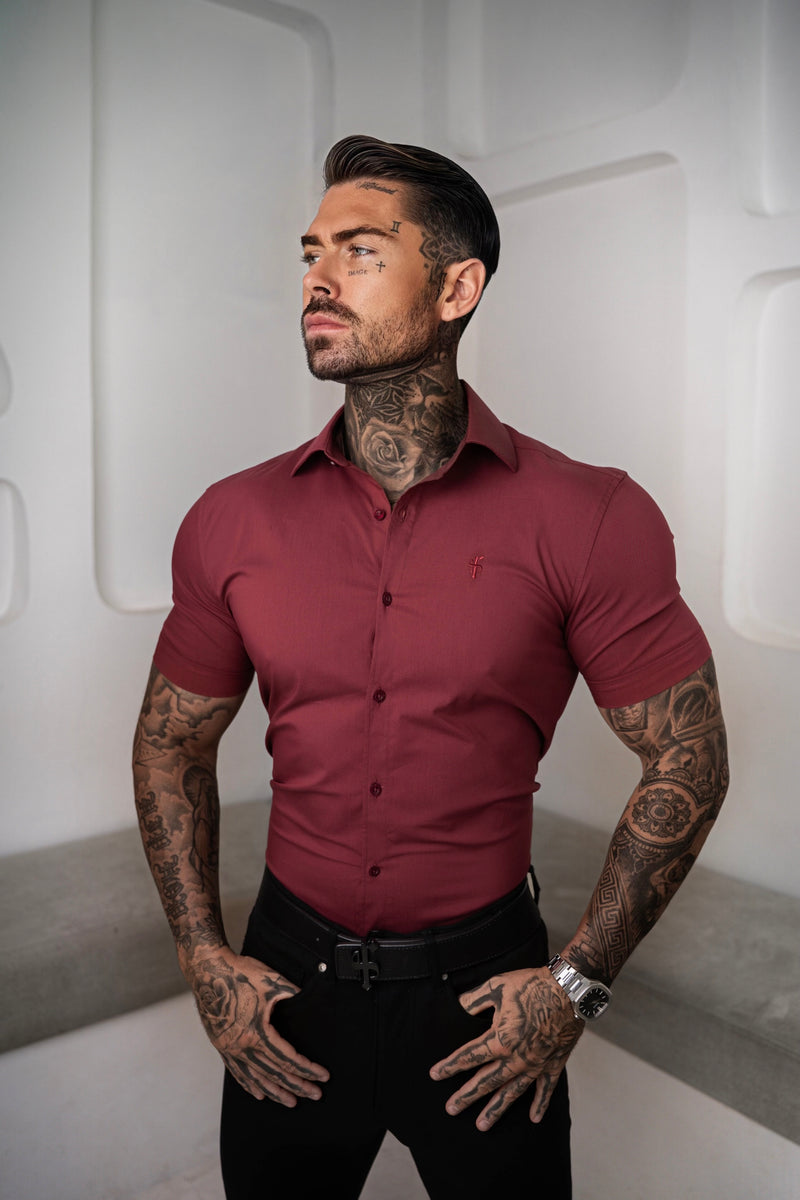 Father Sons Muscle Fit Advanced Stretch Oxblood Short Sleeve with Cutaway Collar - FS1205