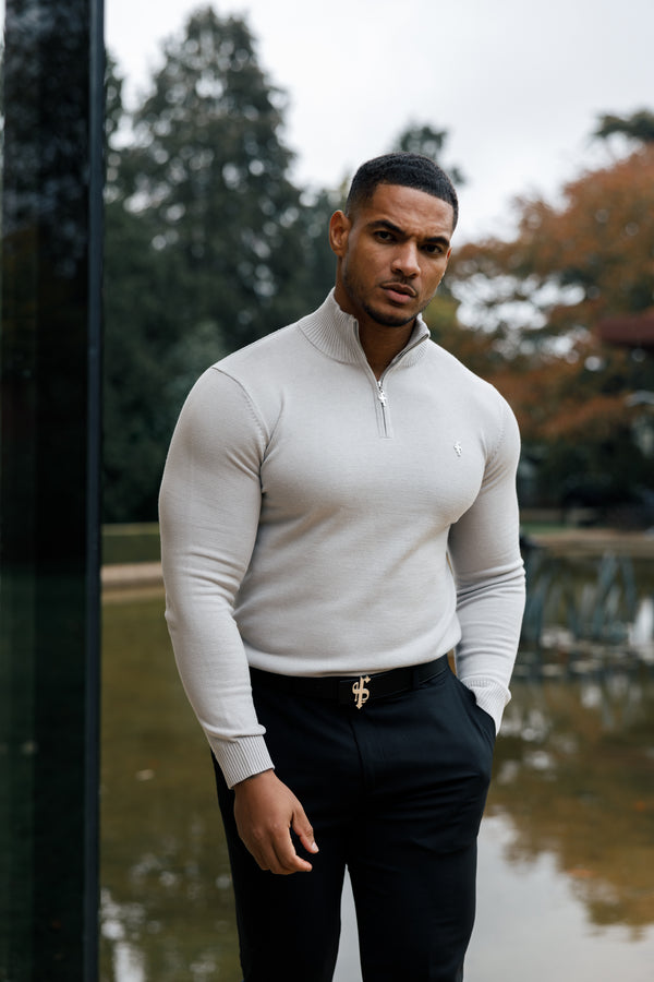 Father Sons Silver Grey Funnel Neck 1/2 Zip Knitted Sweater - FSN123