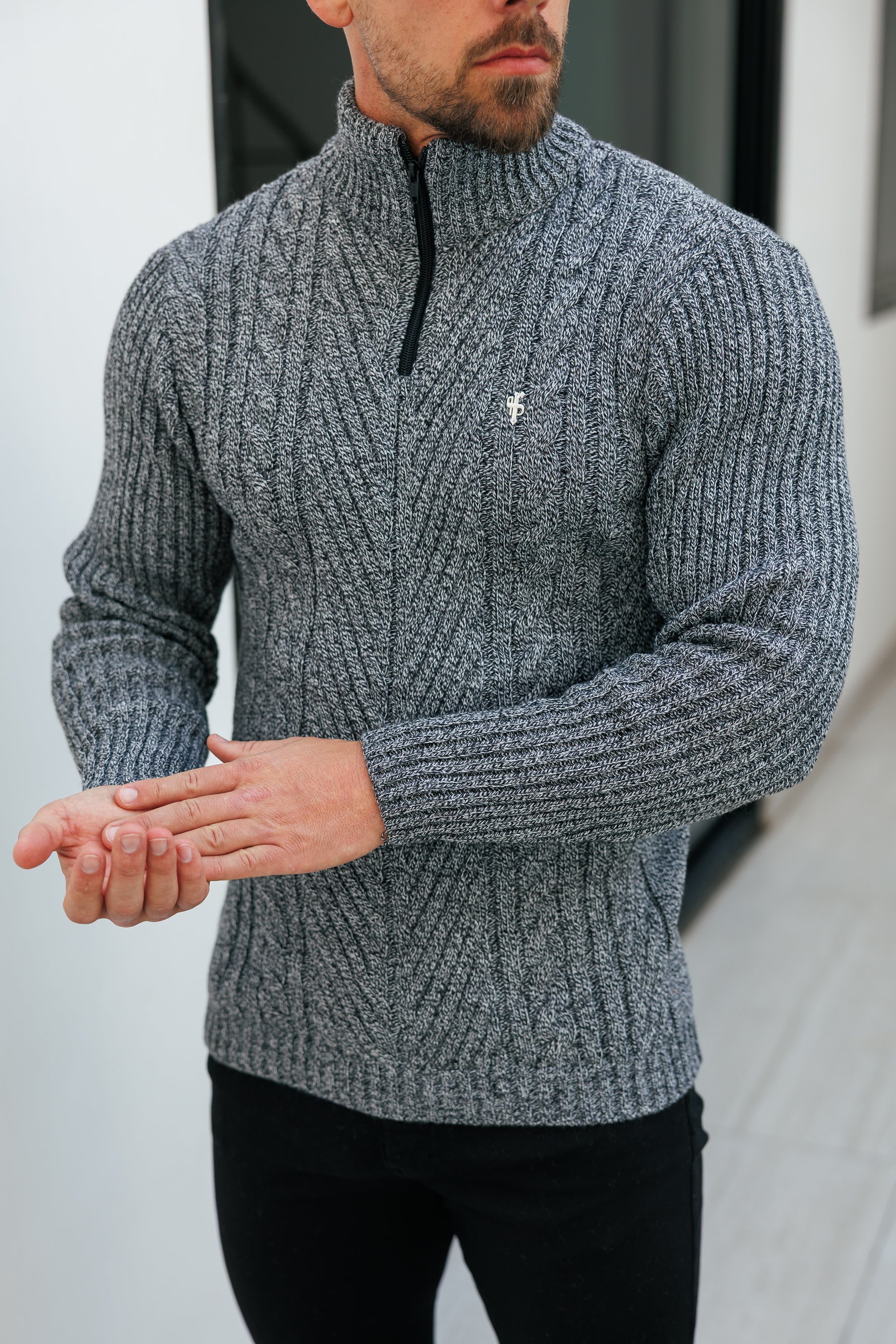 Funnel Neck Jumper with Quarter Zip Black / White Two Tone - FSJ154