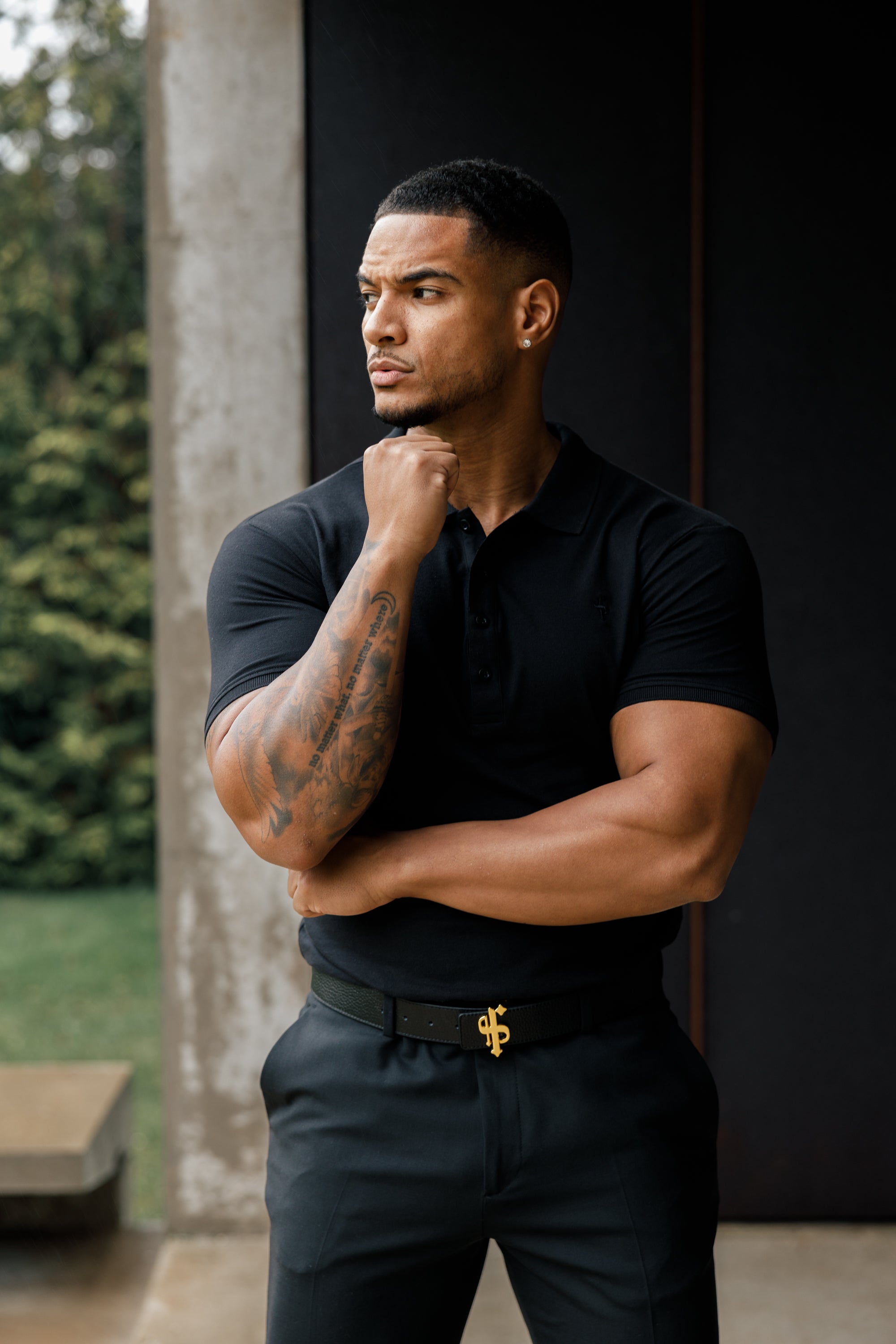 Classic Black Polo Shirt with Tonal Button and Embroidery - FSH824
