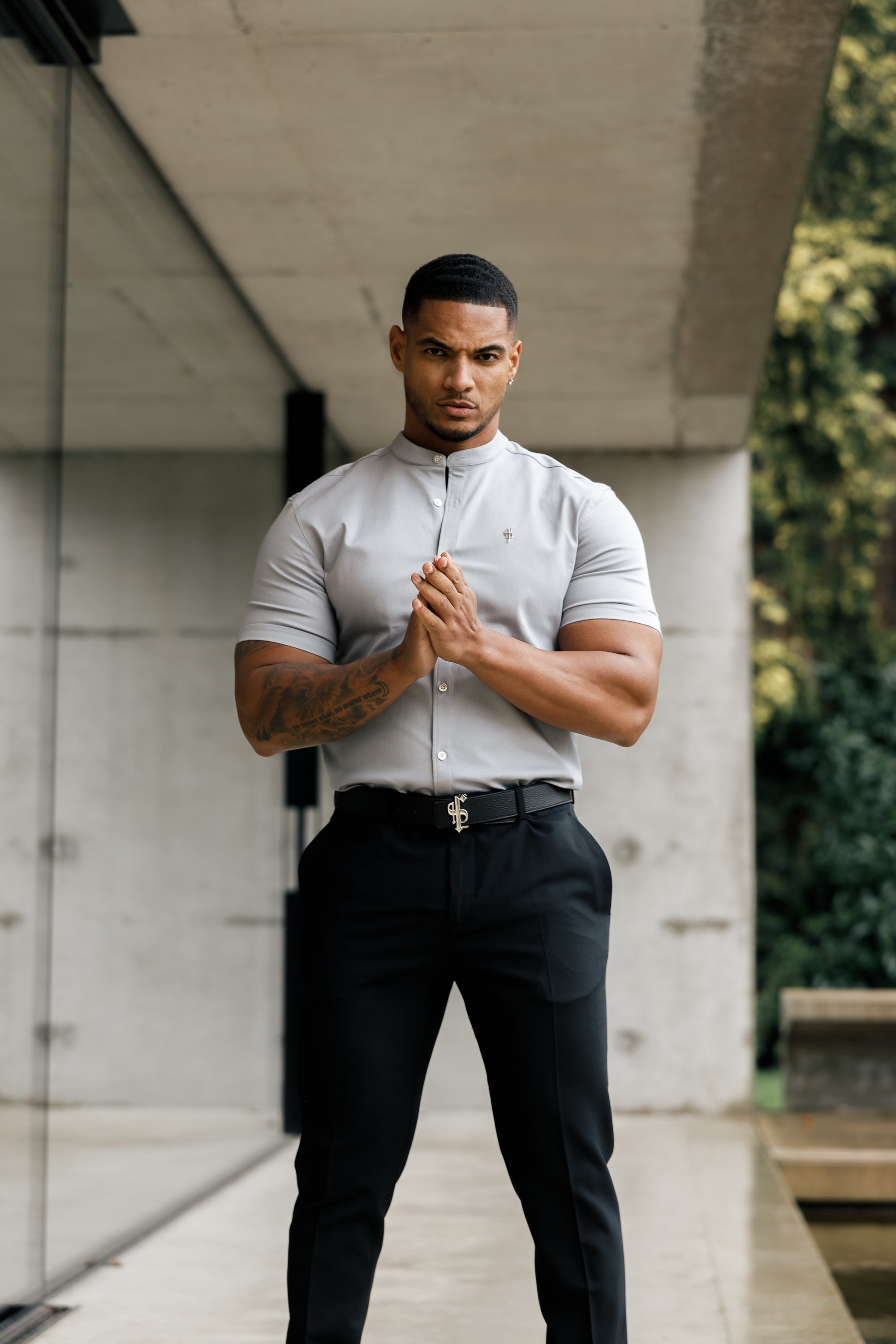 Super Slim Stretch Grey Denim Short Sleeve With Grandad Collar and Silver Metal Buttons and Decal  - FS963