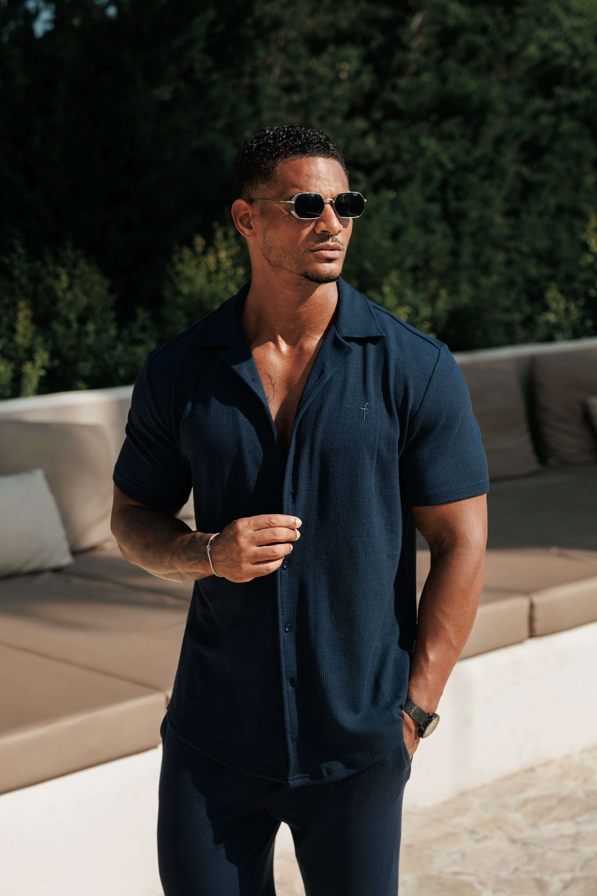 Jersey Cord Stretch Navy Revere Shirt Short Sleeve - FSR071 (PRE ORDER 18TH JULY)
