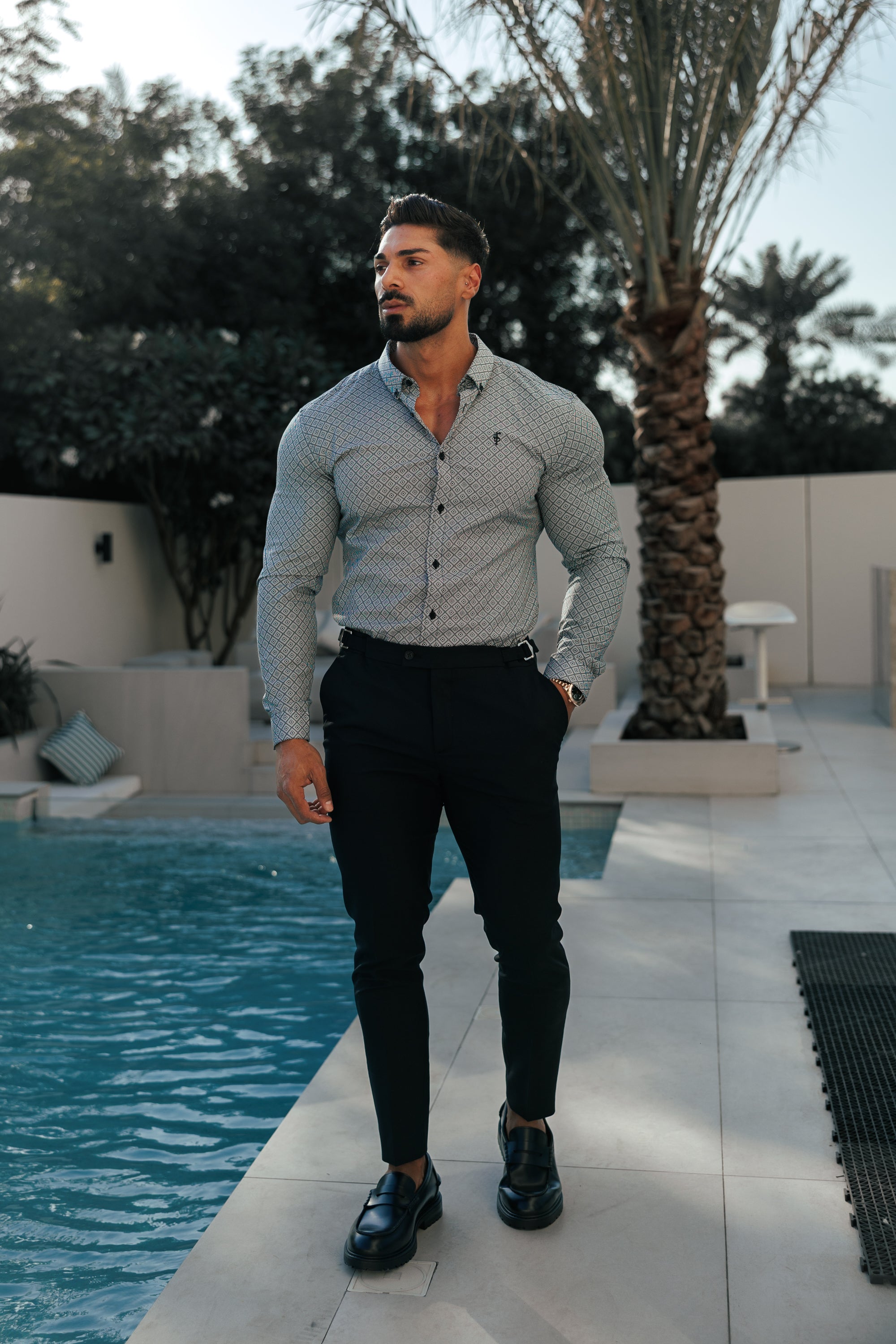 Super Slim Stretch Black / White Diamond Print Long Sleeve with Button Down Collar - FS1226