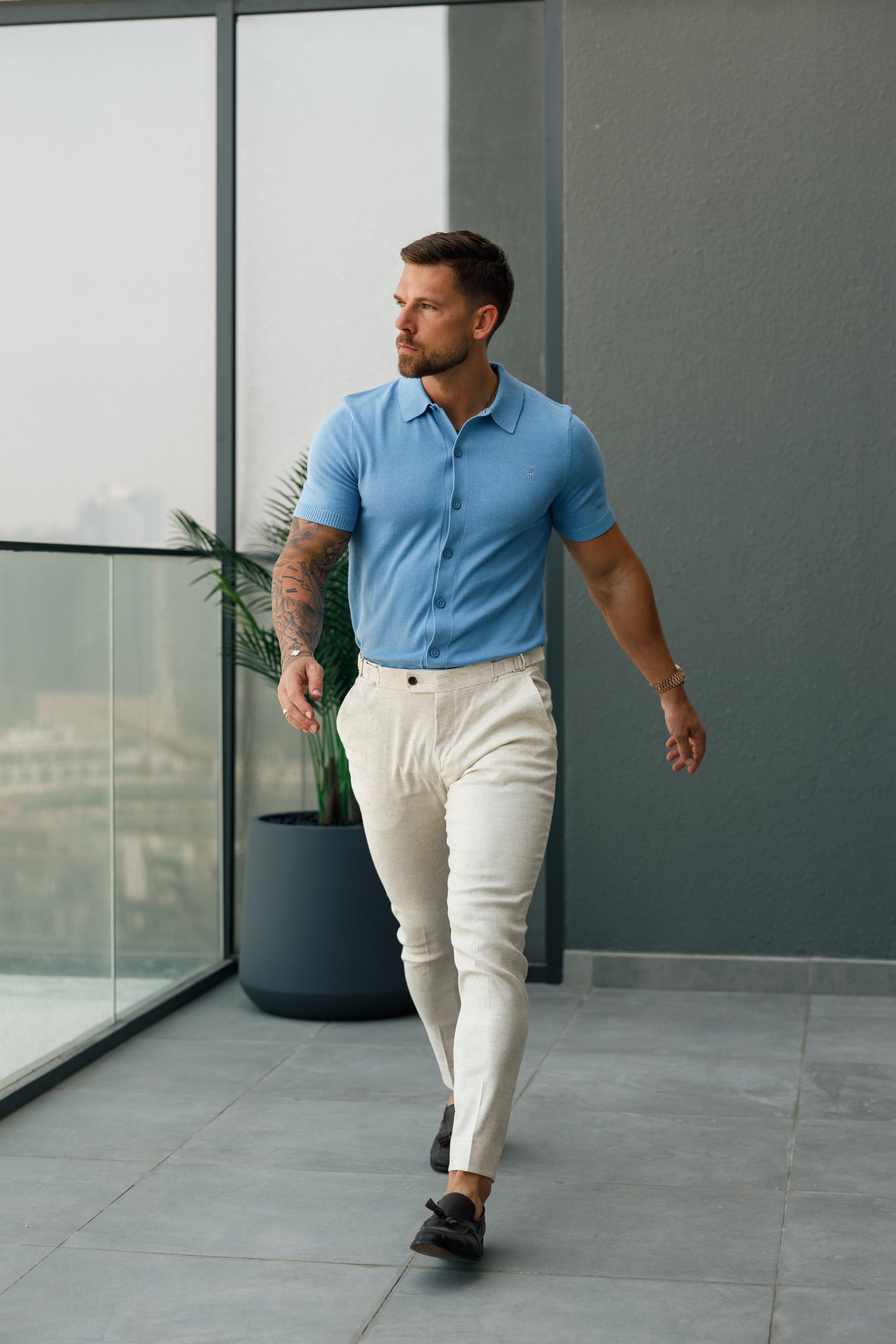 Classic Plain Light Blue Knitted Button Through Polo Short Sleeve - FSN161