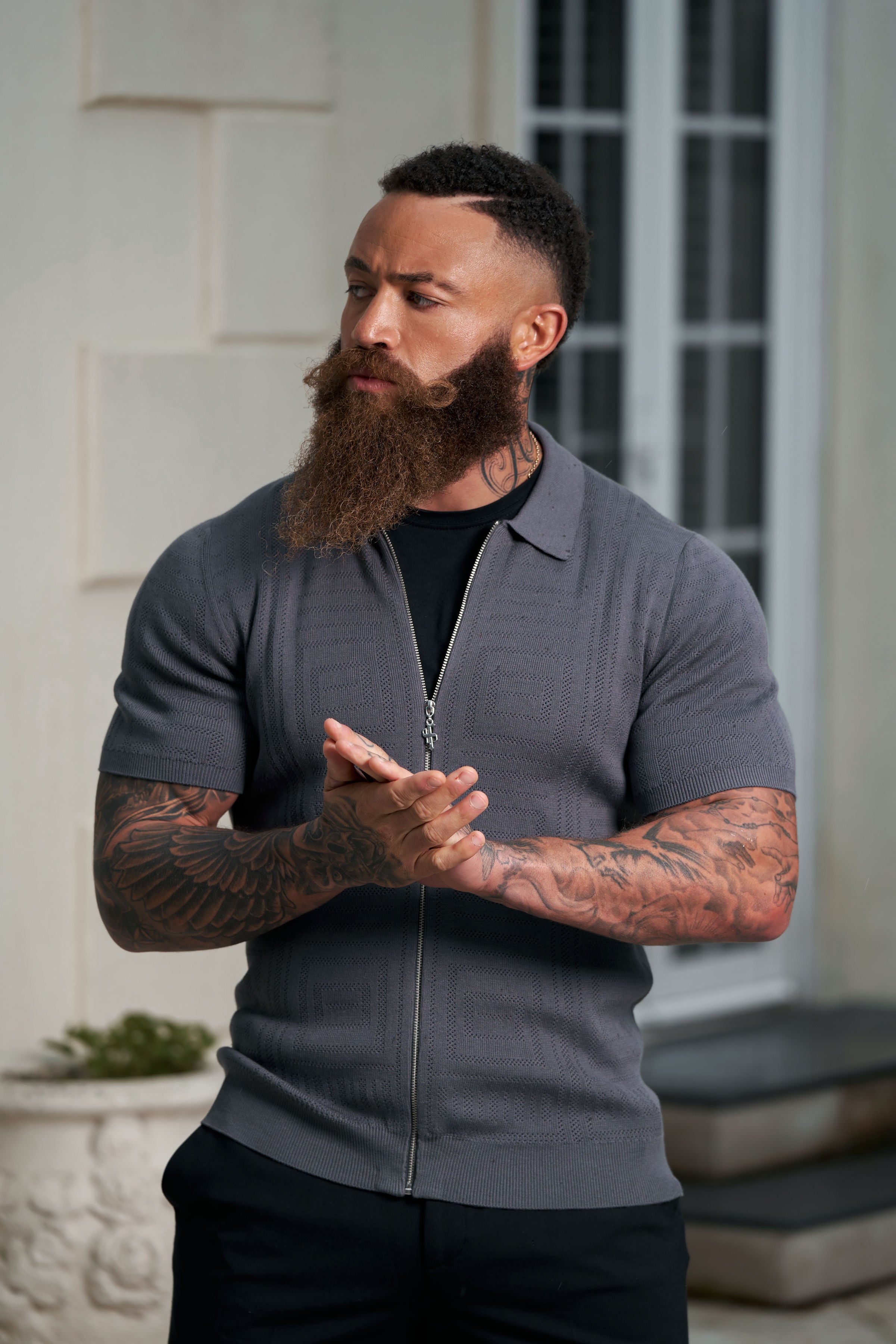 Classic Knitted Geo Design With Full Length Zip Gunmetal Short Sleeve - FSN150