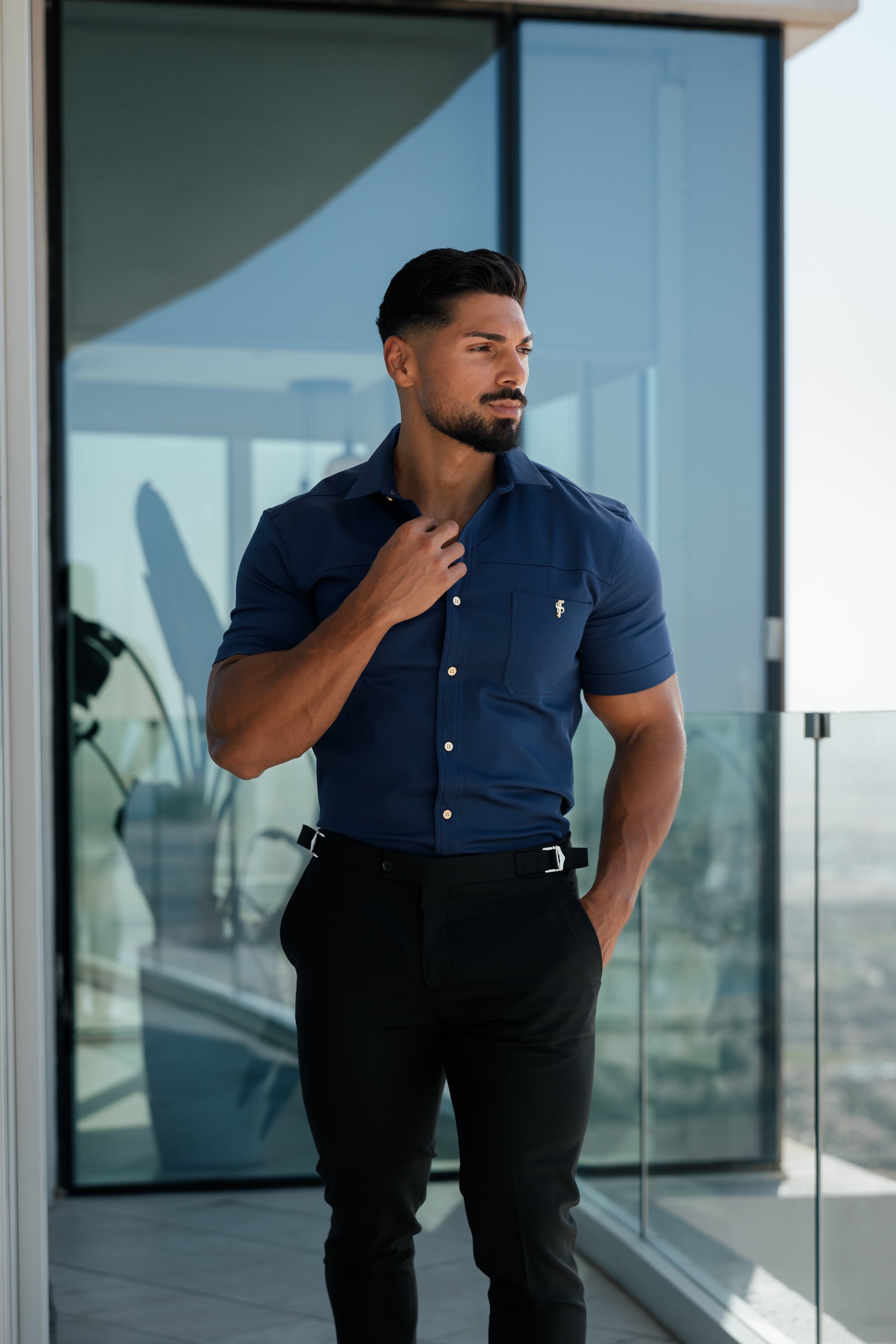 Father Sons Slim Formal Black Stretch Pants With Silver Waist Adjusters - FST013
