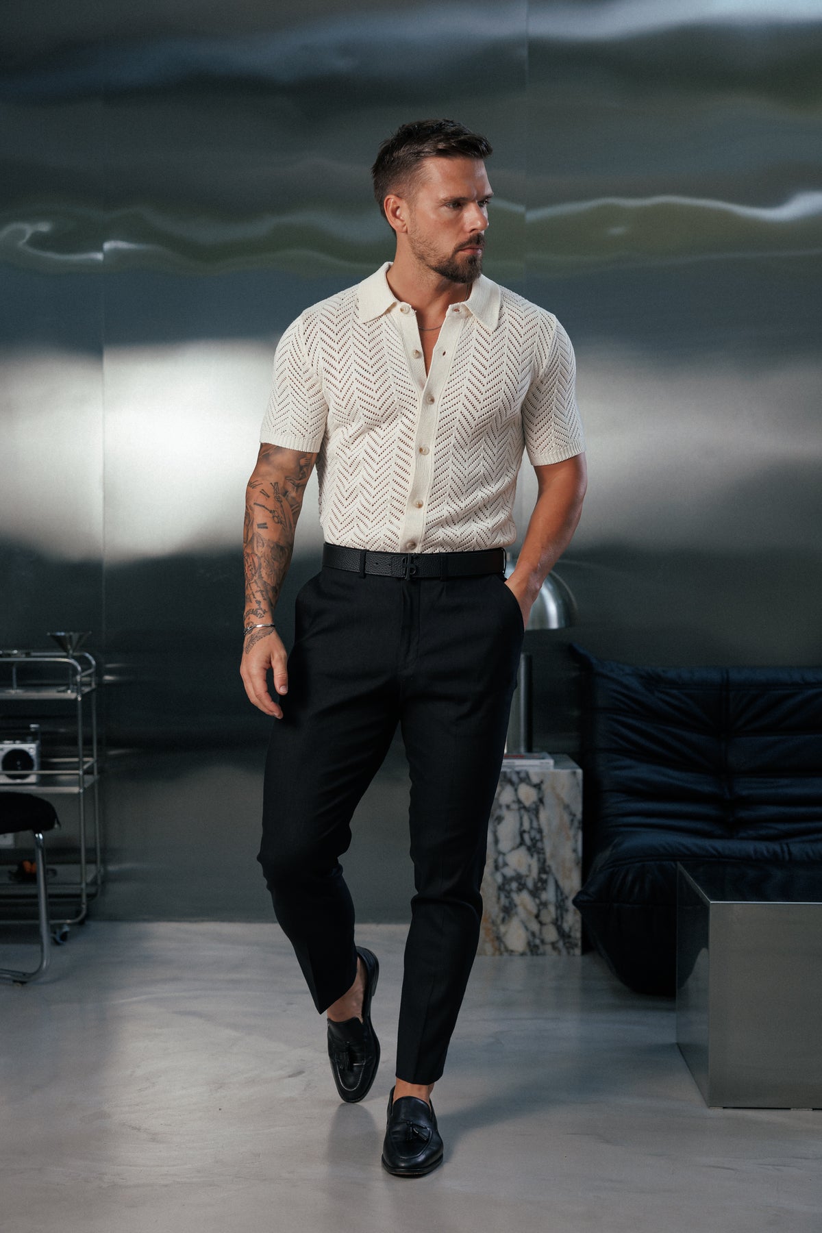 Cream Chevron Perforated Shirt Short Sleeve - FSA015